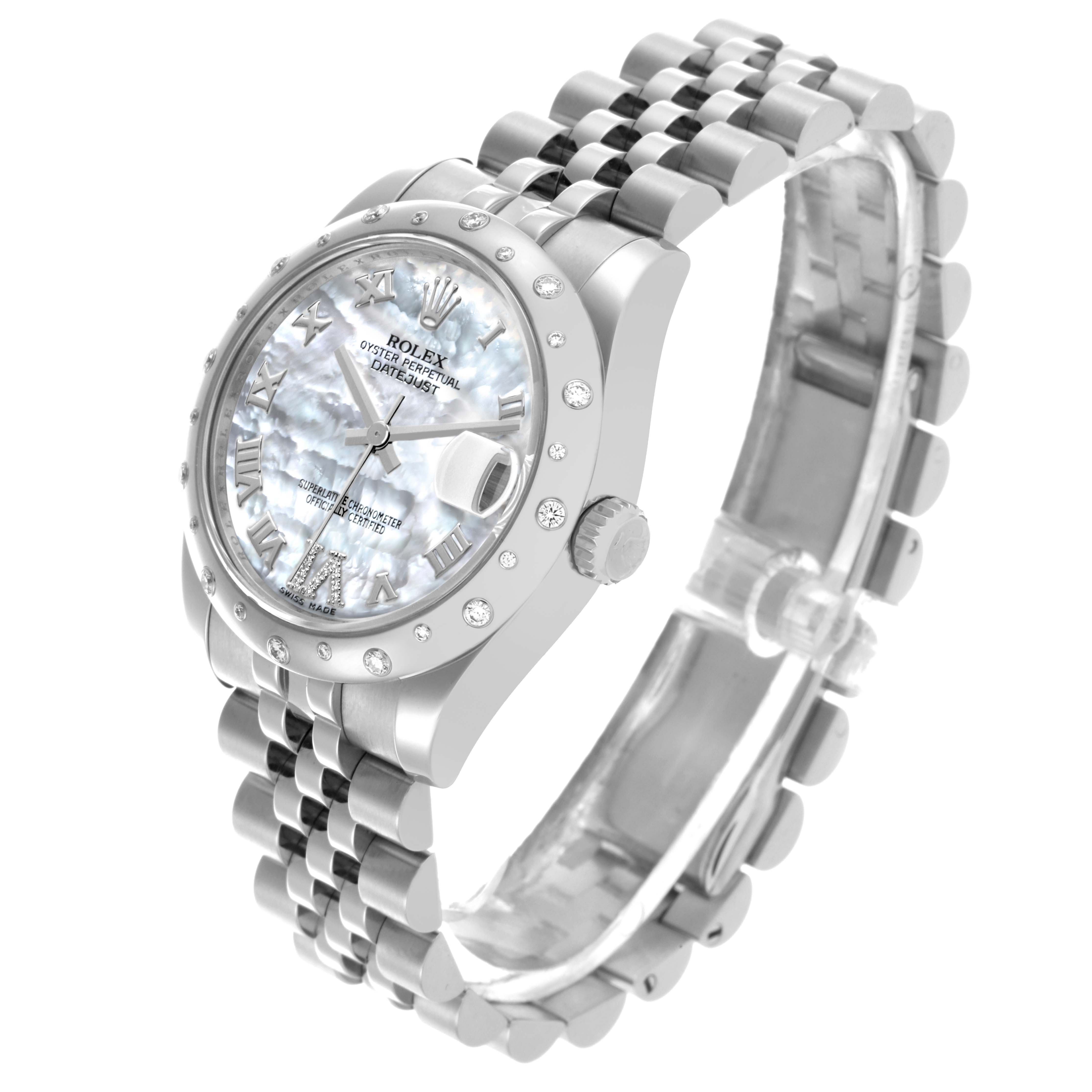 The Rolex Mid-Size 178344 Women's Stainless Steel Mother of Pearl Dial 178344 Women's Stainless Steel Mother of Pearl Dial watch is shown at a three-quarter angle, highlighting the face, bezel, and bracelet.