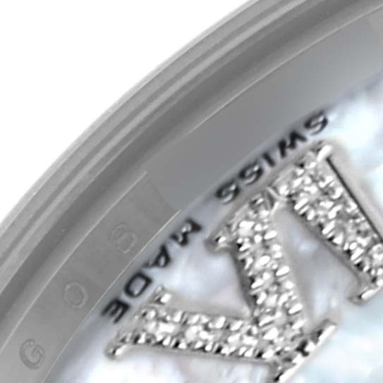 The image shows a close-up of a Rolex Mid-Size 178344 Women's Stainless Steel Mother of Pearl Dial 178344 Women's Stainless Steel Mother of Pearl Dial model, focusing on the bezel and part of a diamond-encrusted Roman numeral on the dial.