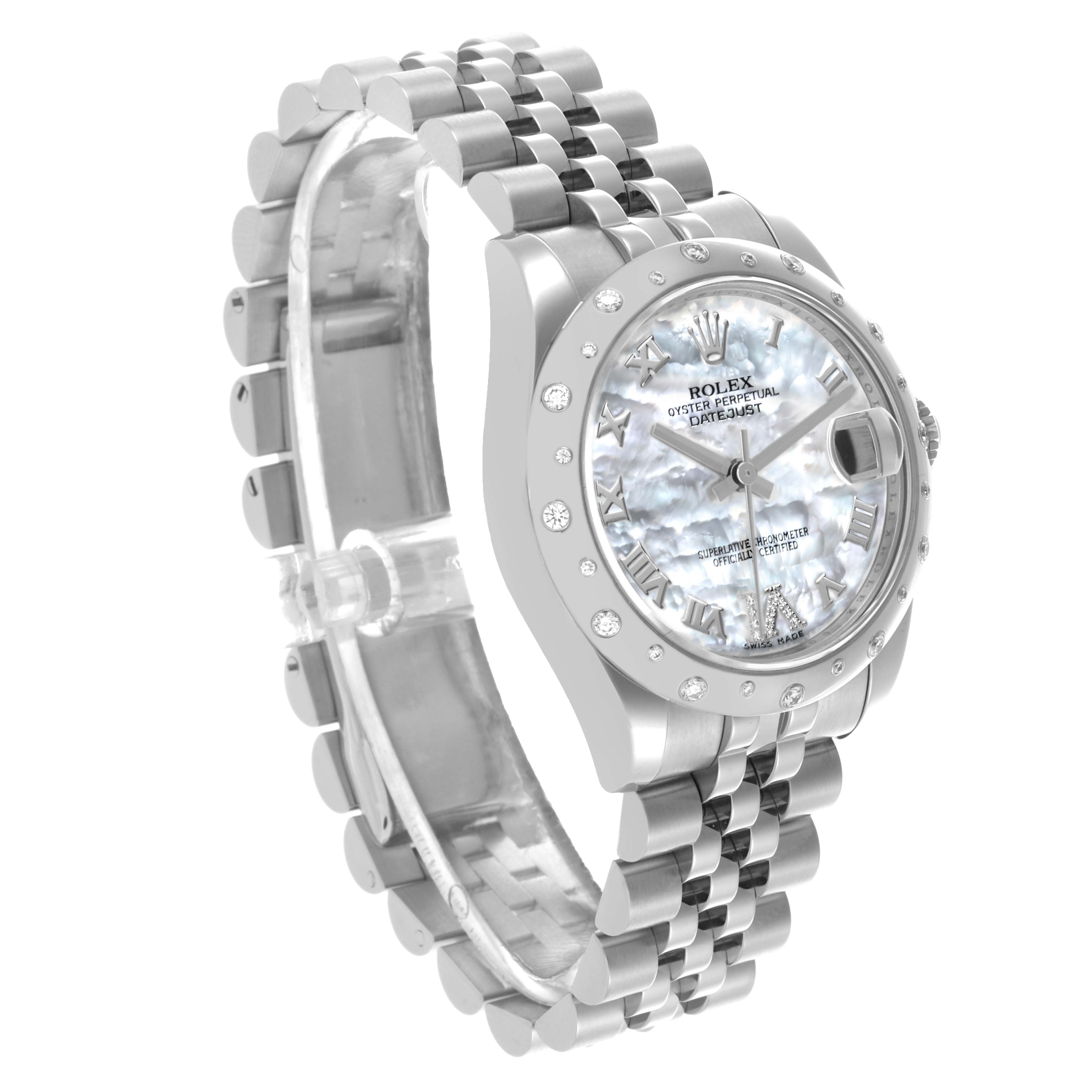 The Rolex Mid-Size 178344 Women's Stainless Steel Mother of Pearl Dial 178344 Women's Stainless Steel Mother of Pearl Dial watch is shown at a three-quarter angle, highlighting the face, bezel, and bracelet.