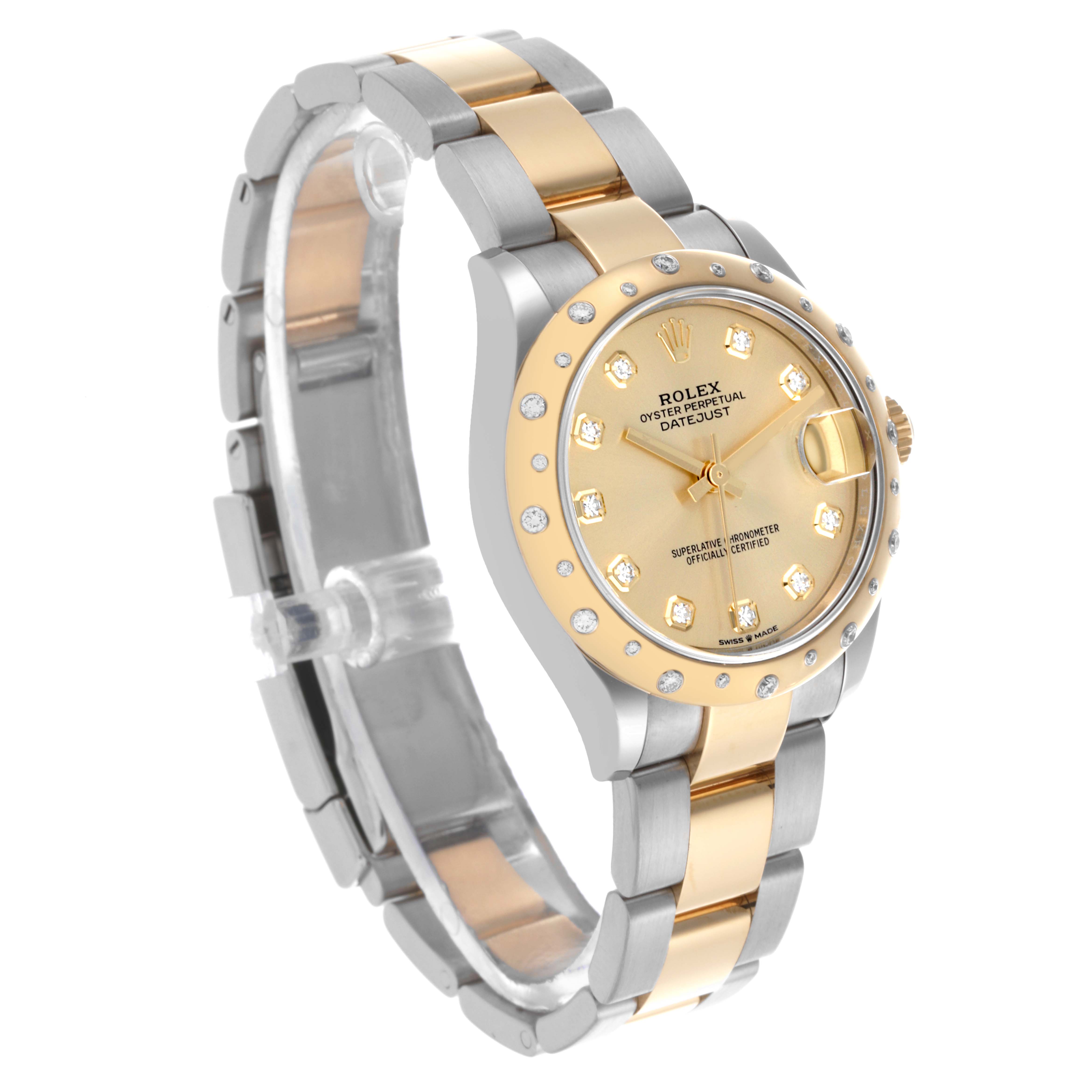 The Rolex Mid-Size 68032 Women's Steel and Gold (two tone) Champagne Dial 68032 Women's Steel and Gold (two tone) Champagne Dial watch is shown at a three-quarter angle, displaying its gold bezel, diamond markers, and two-tone bracelet.
