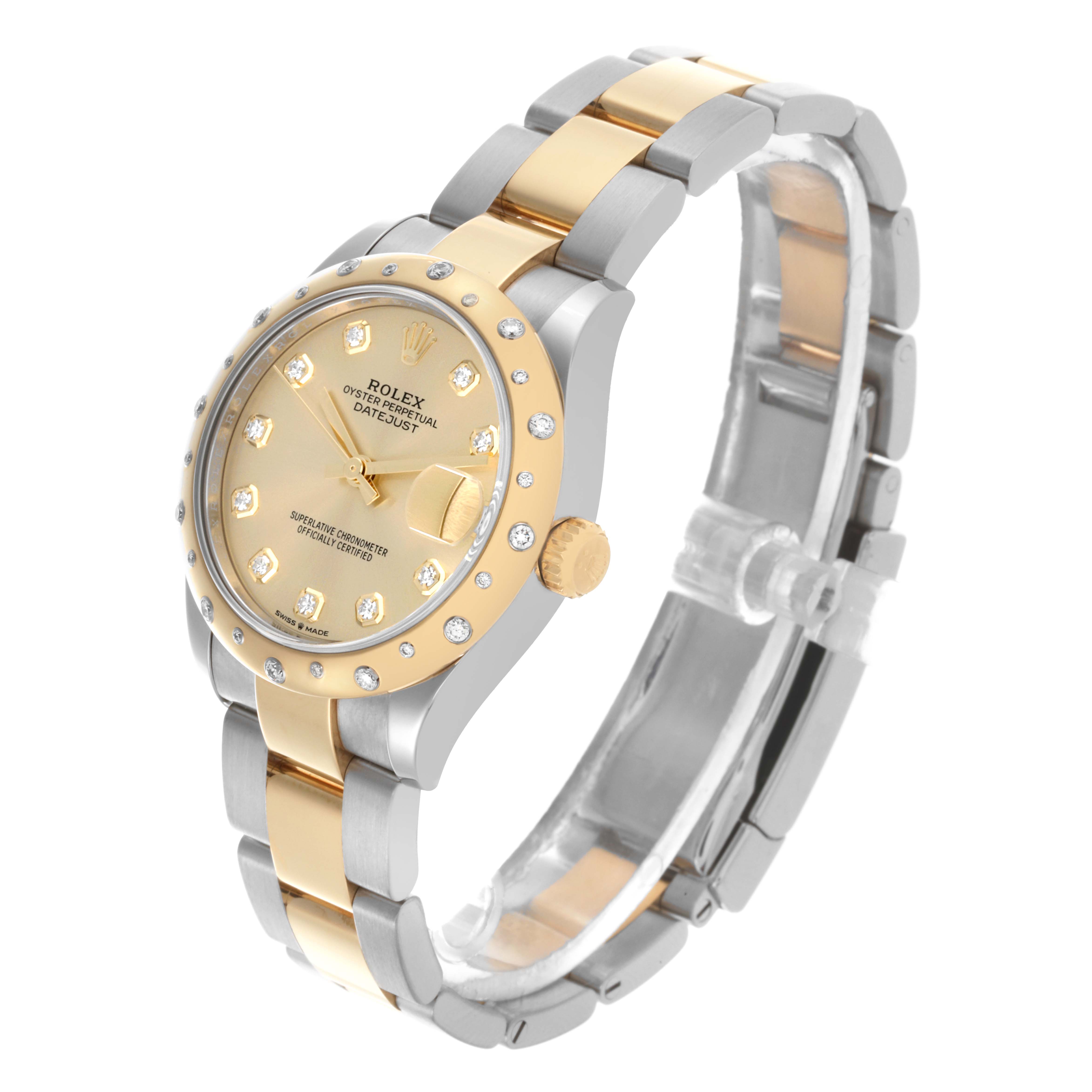 The Rolex Mid-Size 68032 Women's Steel and Gold (two tone) Champagne Dial 68032 Women's Steel and Gold (two tone) Champagne Dial watch is shown at a three-quarter angle, highlighting the face, bezel, band, and crown.