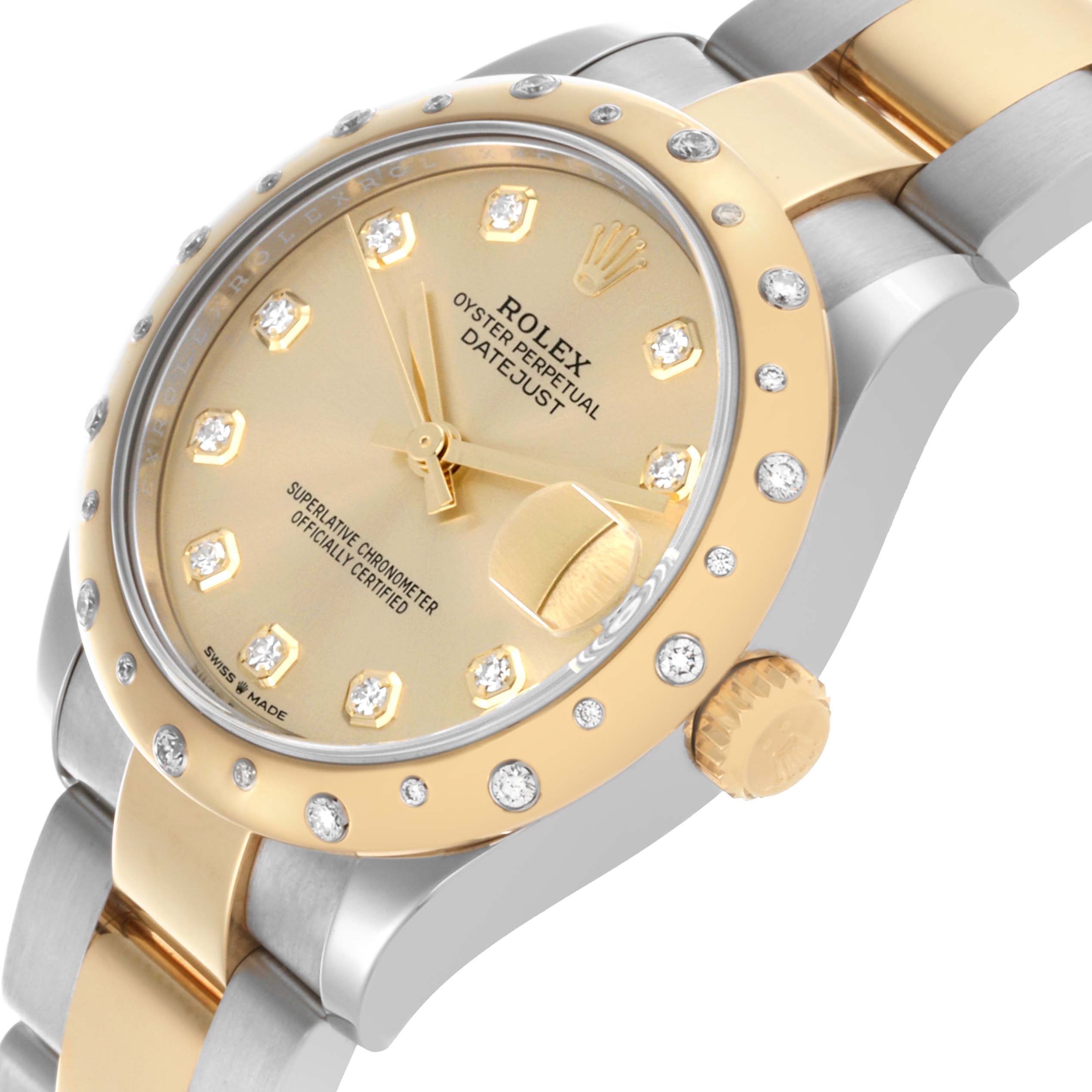 The Rolex Mid-Size 68032 Women's Steel and Gold (two tone) Champagne Dial 68032 Women's Steel and Gold (two tone) Champagne Dial Datejust watch is shown at an angle displaying the dial, bezel, crown, and part of the bracelet.