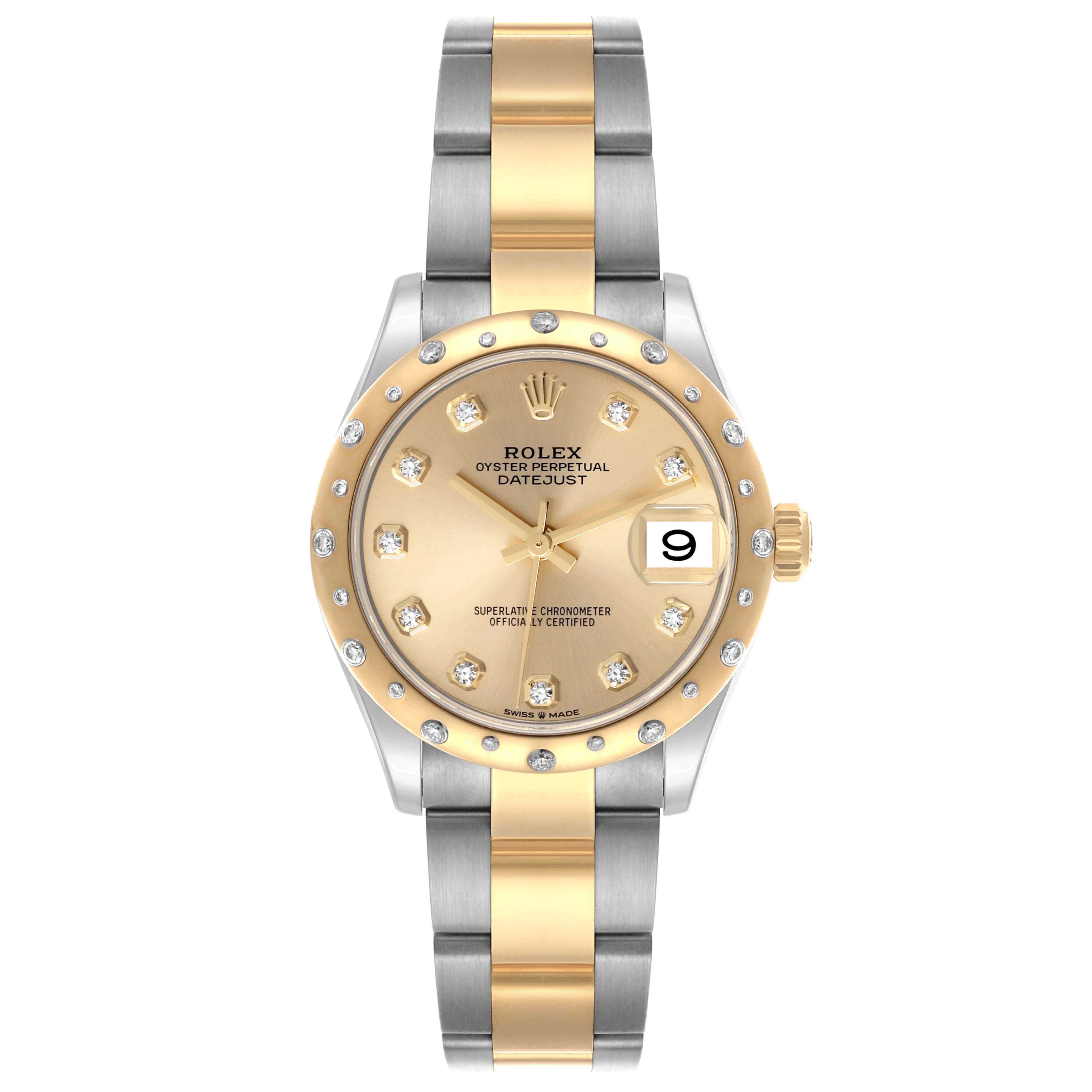 The Rolex Mid-Size 68032 Women's Steel and Gold (two tone) Champagne Dial 68032 Women's Steel and Gold (two tone) Champagne Dial Datejust is shown from the front, featuring a gold and silver bracelet and a diamond-accented dial.
