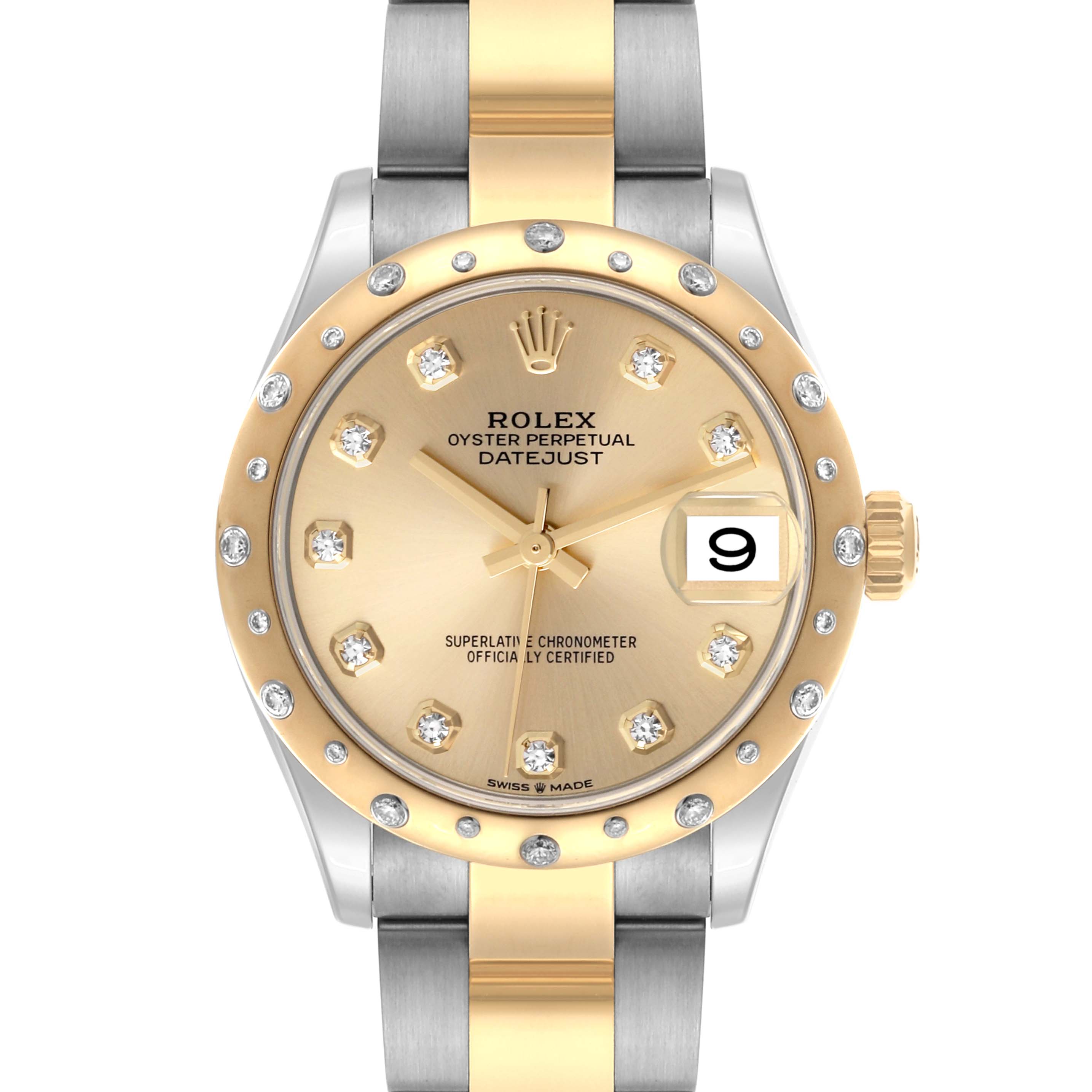 The Rolex Mid-Size 68032 Women's Steel and Gold (two tone) Champagne Dial 68032 Women's Steel and Gold (two tone) Champagne Dial watch is shown from a front angle, displaying its dial, bezel, and two-tone bracelet.