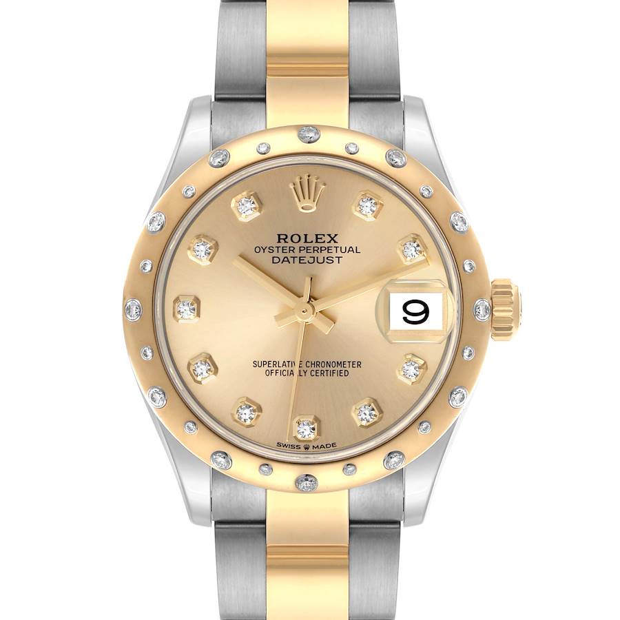 The Rolex Mid-Size watch is shown from a front angle, displaying its dial, bezel, and two-tone bracelet.