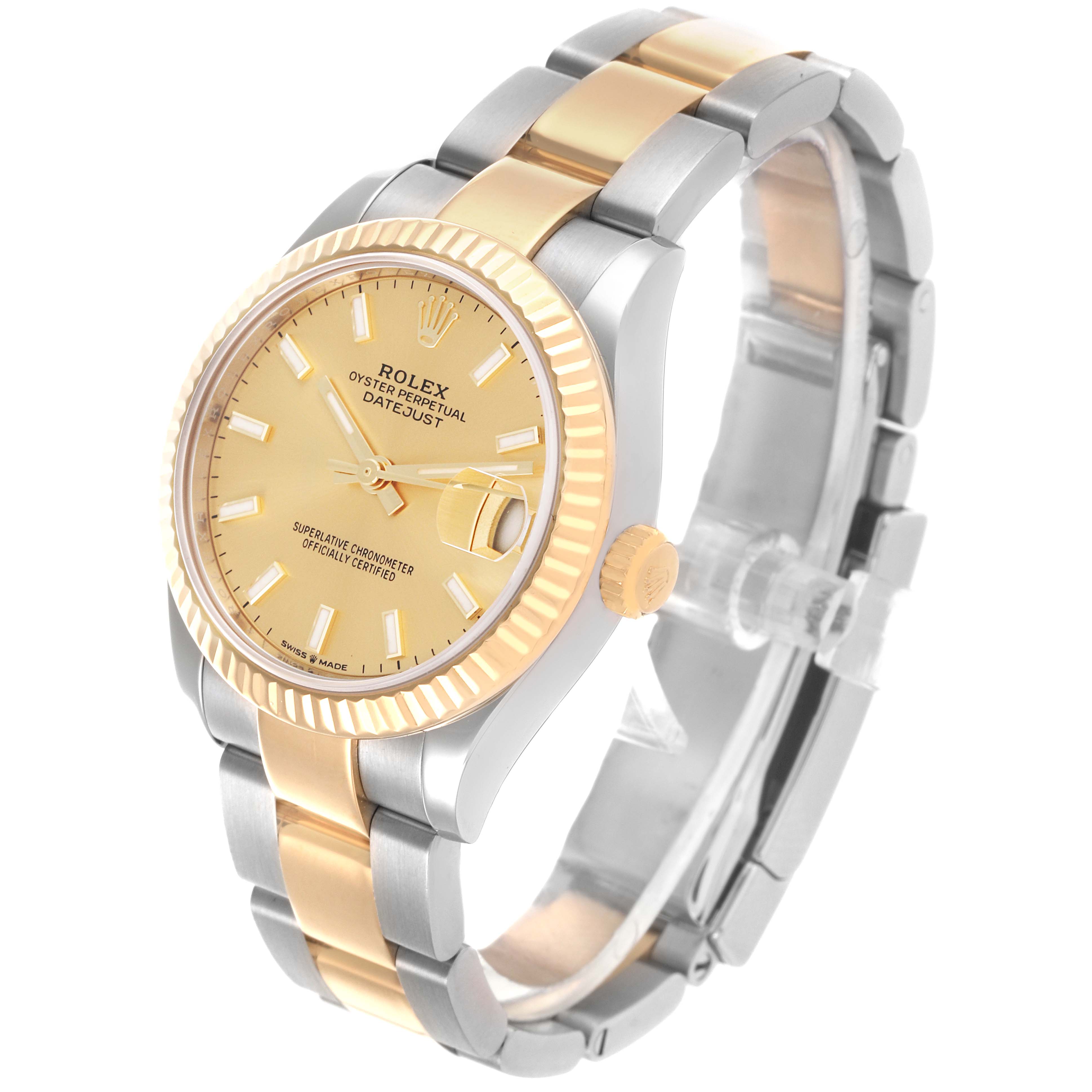The Rolex Mid-Size 278273 Women's Steel and Gold (two tone) Champagne Dial 278273 Women's Steel and Gold (two tone) Champagne Dial watch is shown at a three-quarter angle, displaying the bezel, dial, and bracelet.