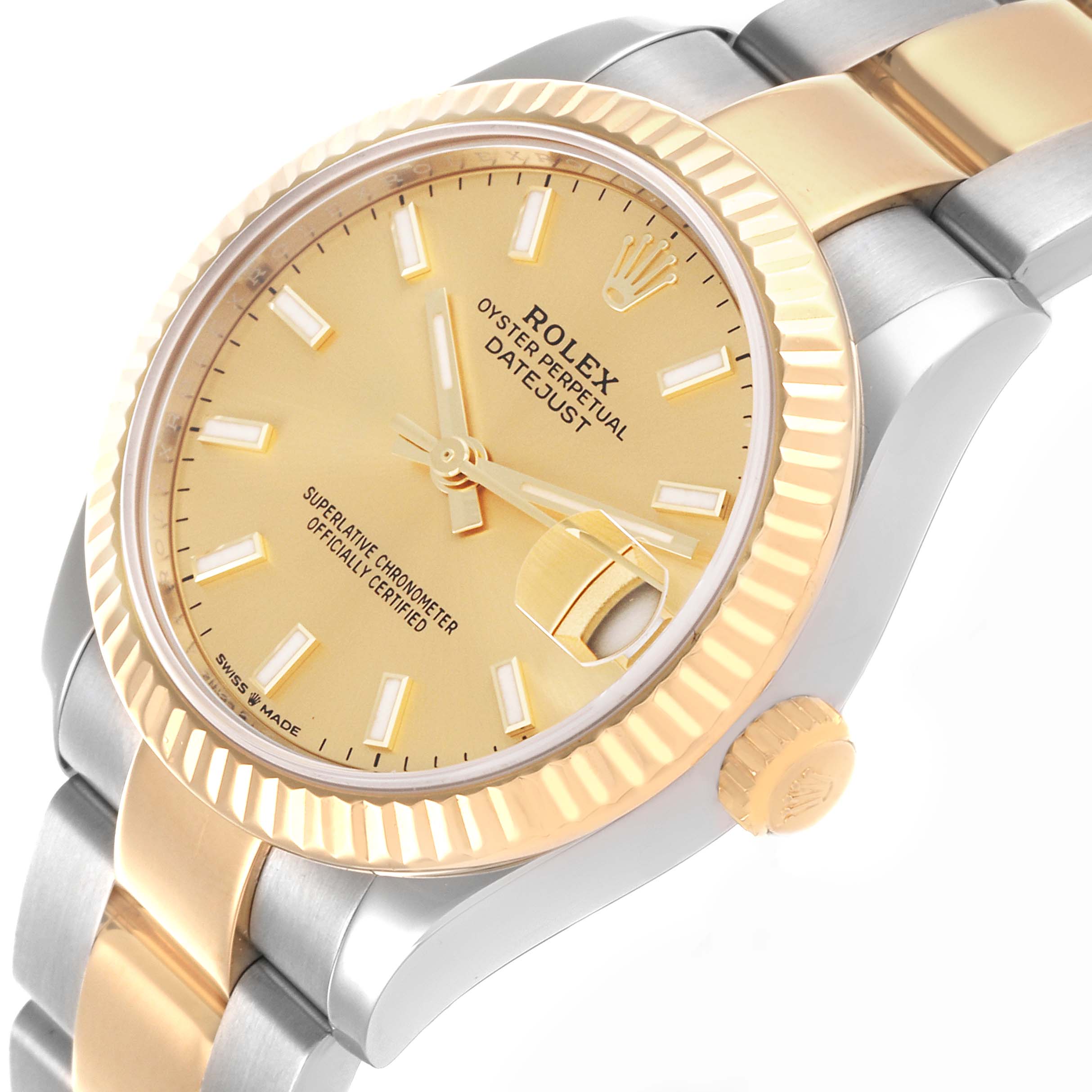 The Rolex Mid-Size 278273 Women's Steel and Gold (two tone) Champagne Dial 278273 Women's Steel and Gold (two tone) Champagne Dial model is shown at an angled side view, highlighting the bezel, crown, and two-tone bracelet.
