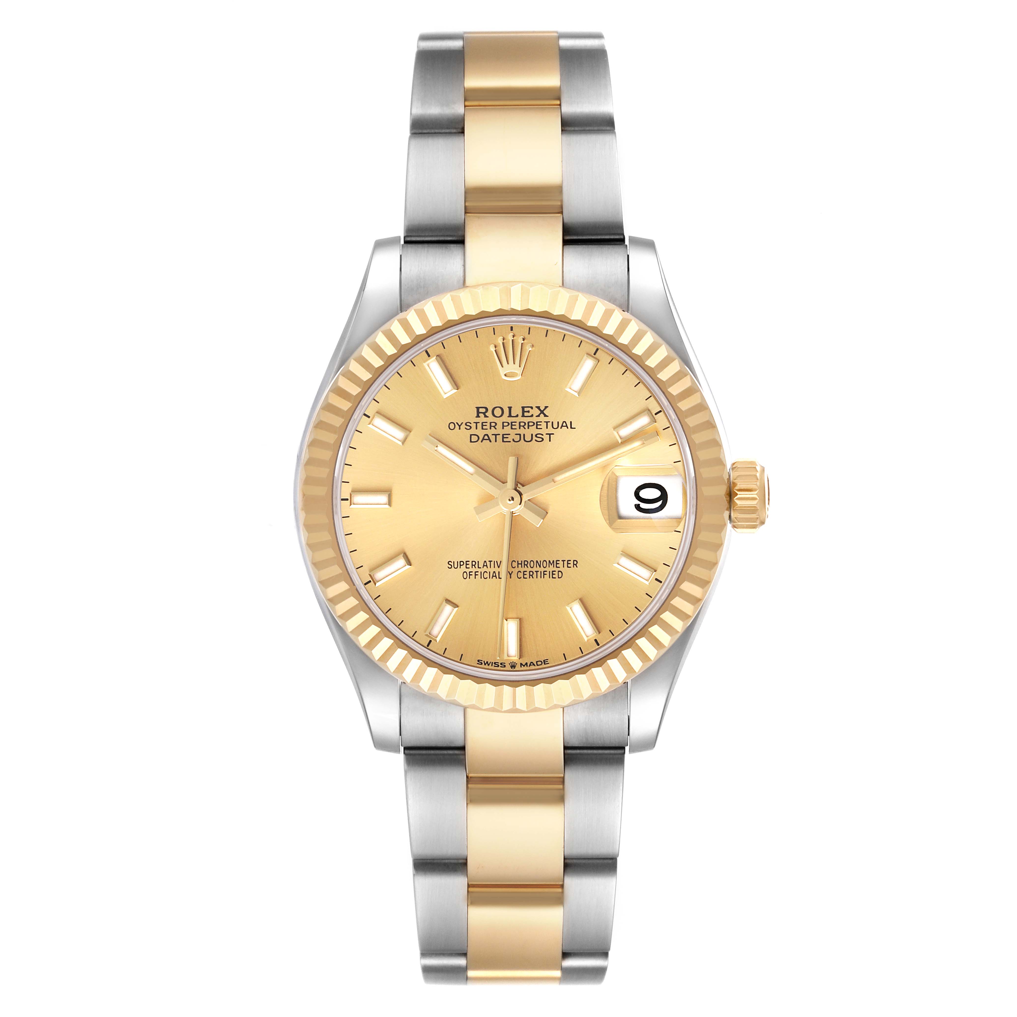 The Rolex Mid-Size 278273 Women's Steel and Gold (two tone) Champagne Dial 278273 Women's Steel and Gold (two tone) Champagne Dial watch is shown from a front angle, highlighting its gold dial, fluted bezel, and two-tone bracelet.