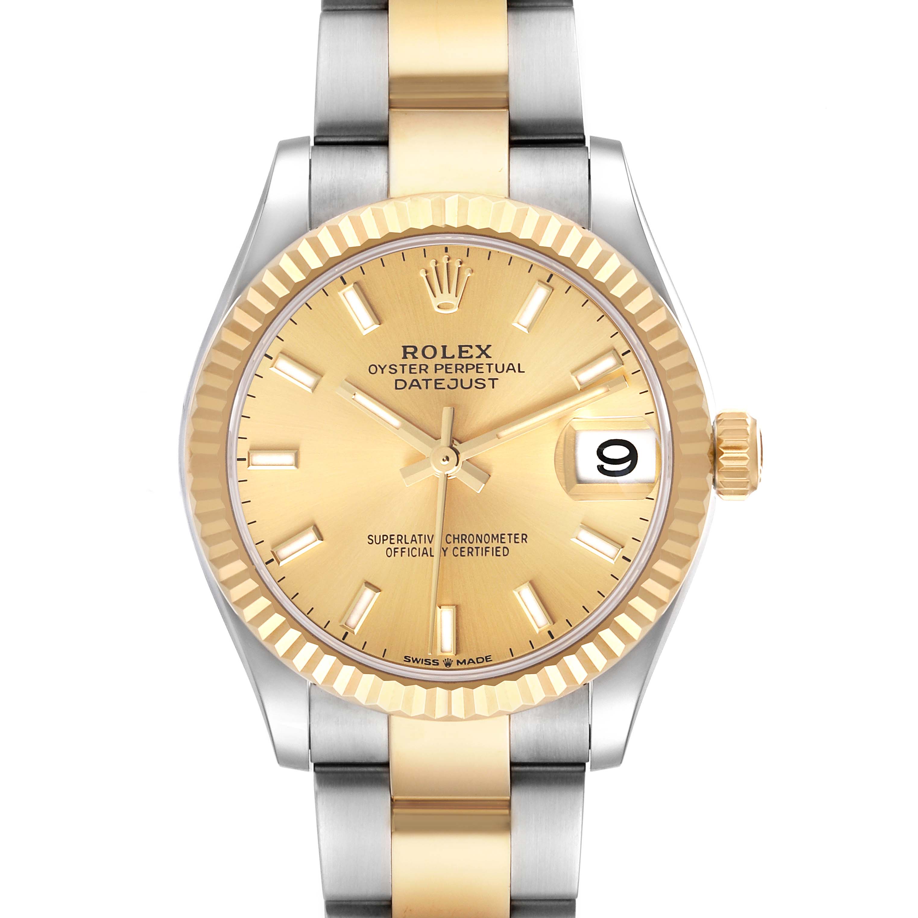 The Rolex Mid-Size 278273 Women's Steel and Gold (two tone) Champagne Dial 278273 Women's Steel and Gold (two tone) Champagne Dial watch is shown from a front angle, displaying the dial, bezel, crown, and part of the bracelet.