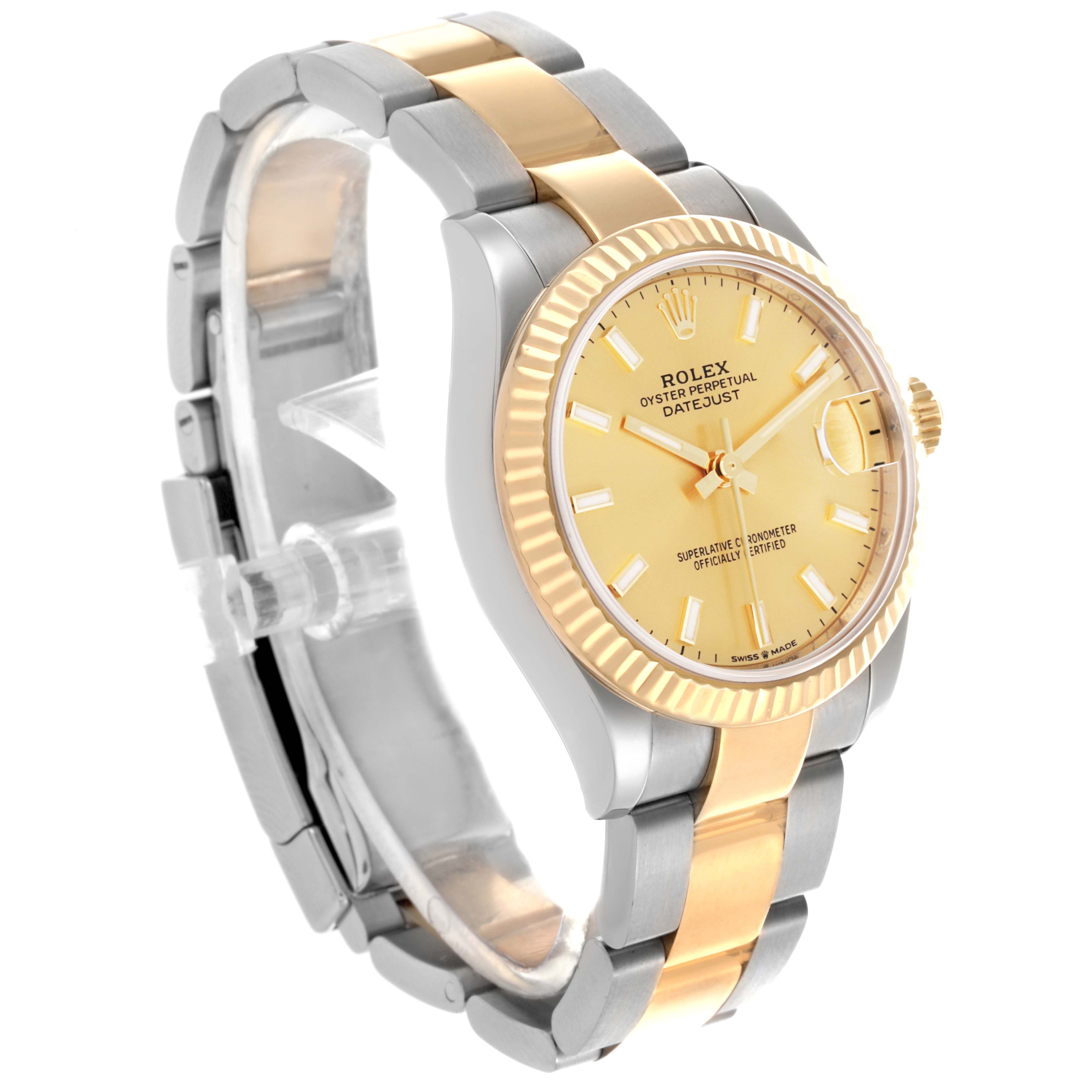 The Rolex Datejust Mid-Size watch is shown from an angled side view, showcasing its two-tone bracelet, case, and fluted bezel.