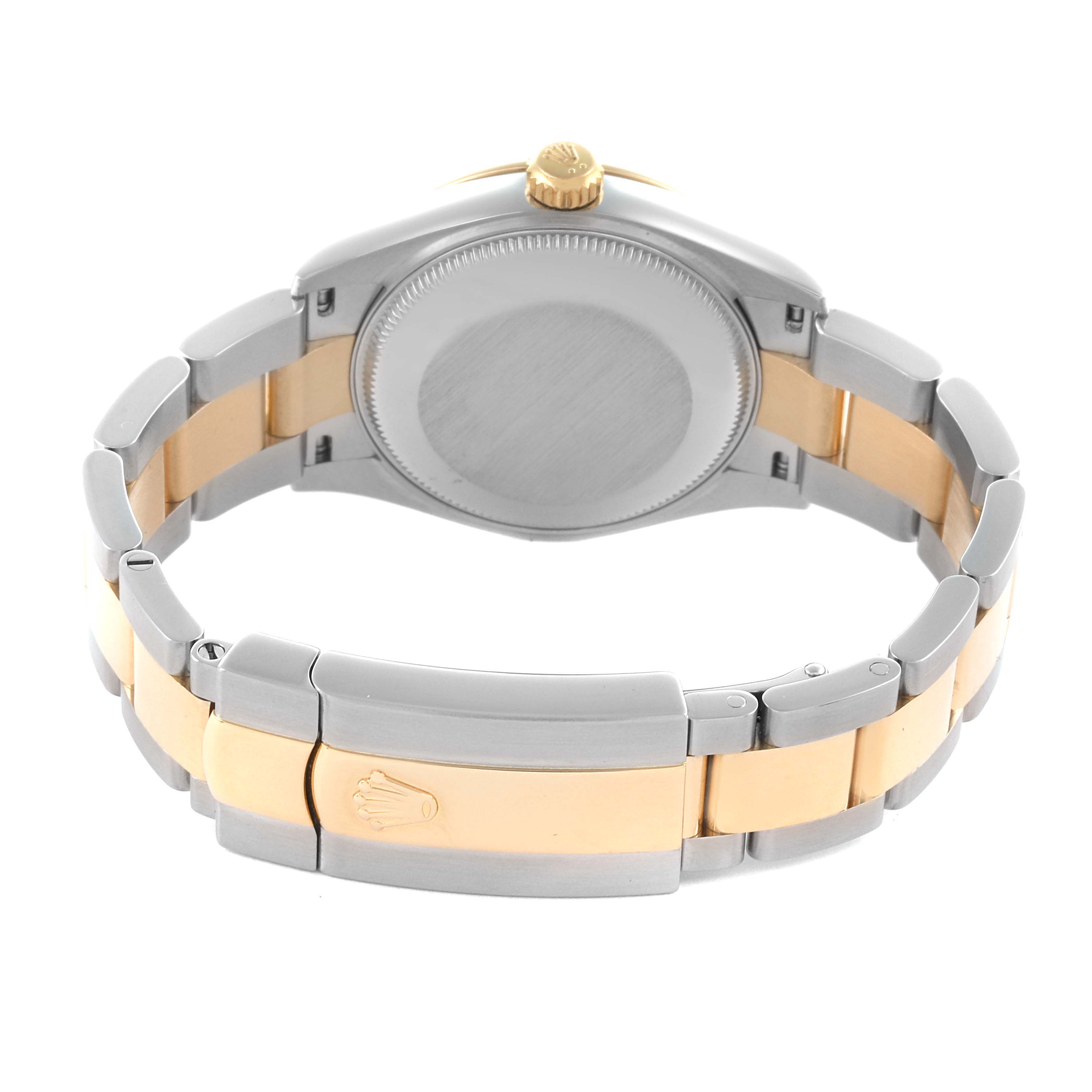 The image shows the back of a Rolex Mid-Size 278273 Women's Steel and Gold (two tone) Champagne Dial 278273 Women's Steel and Gold (two tone) Champagne Dial model, highlighting the clasp, bracelet, and case back.