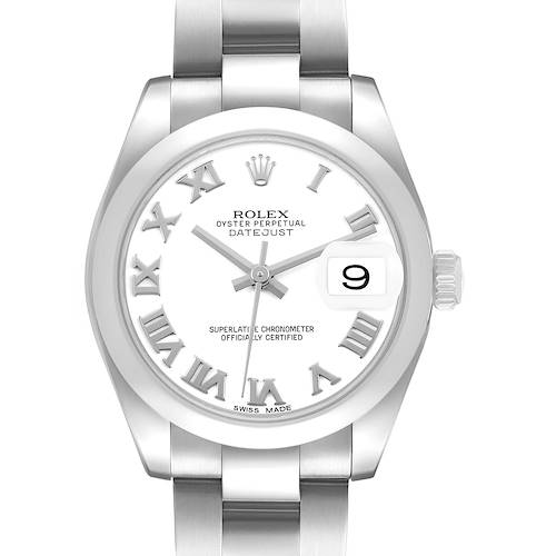 The Rolex Oyster Perpetual 178240 Women's Stainless Steel White Dial watch is shown from a straight-on angle, displaying its white dial, Roman numerals, and metal bracelet.