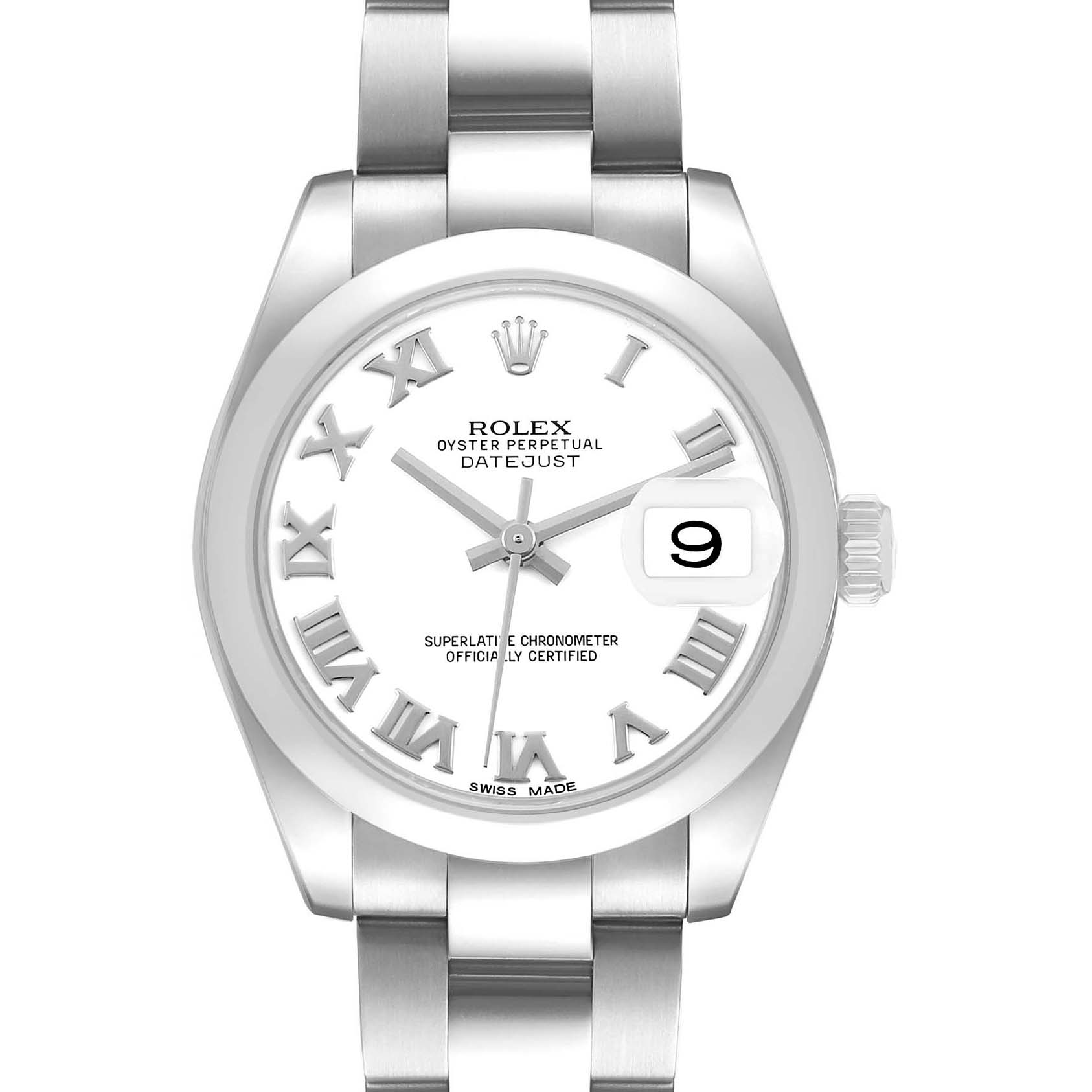 The Rolex Datejust Mid-Size watch is shown from the front, displaying the face, bezel, and part of the bracelet.