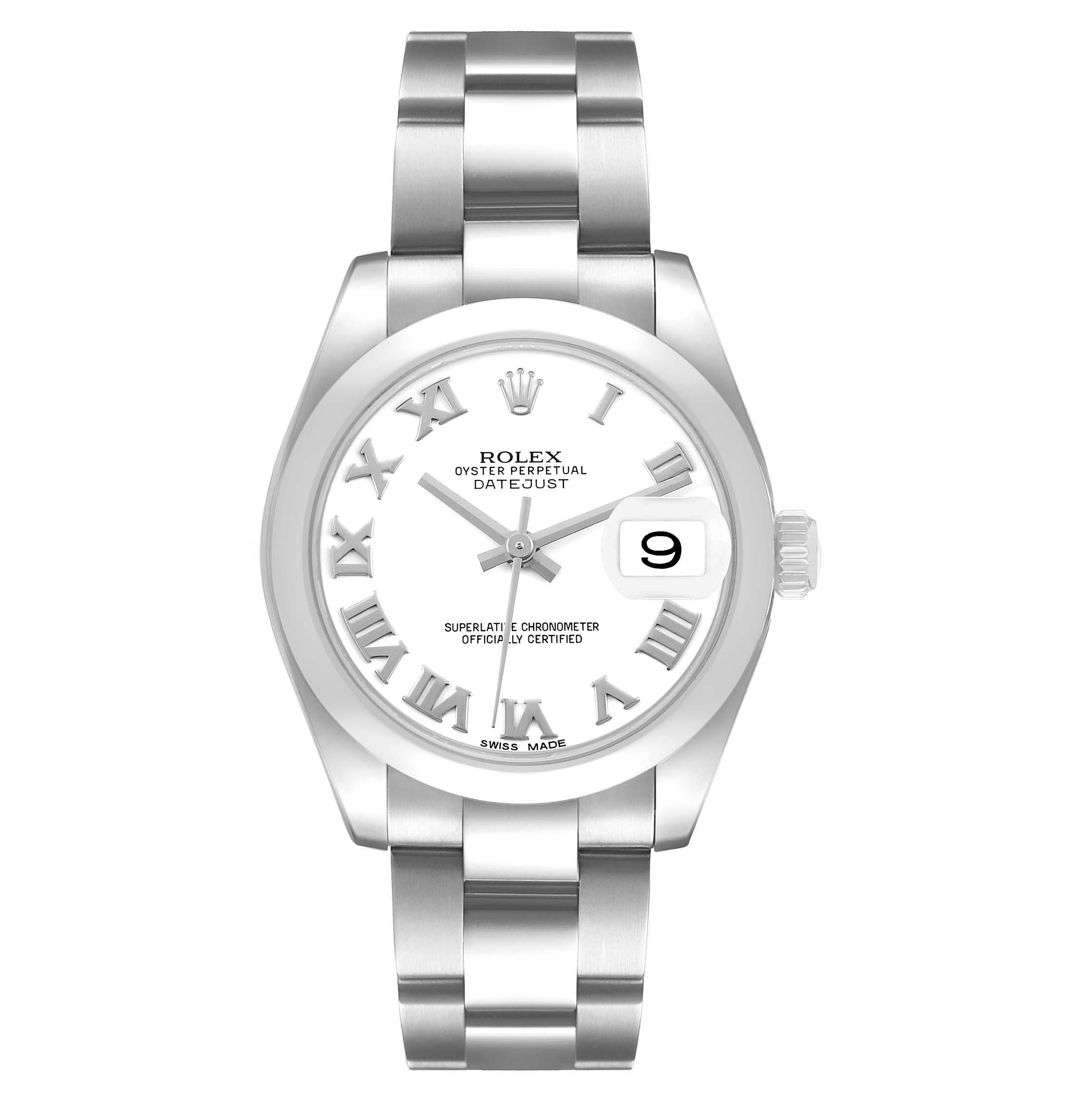 The Rolex Mid-Size 178240 Women's Stainless Steel White Dial model is shown from a front angle, displaying the dial, bracelet, and crown.