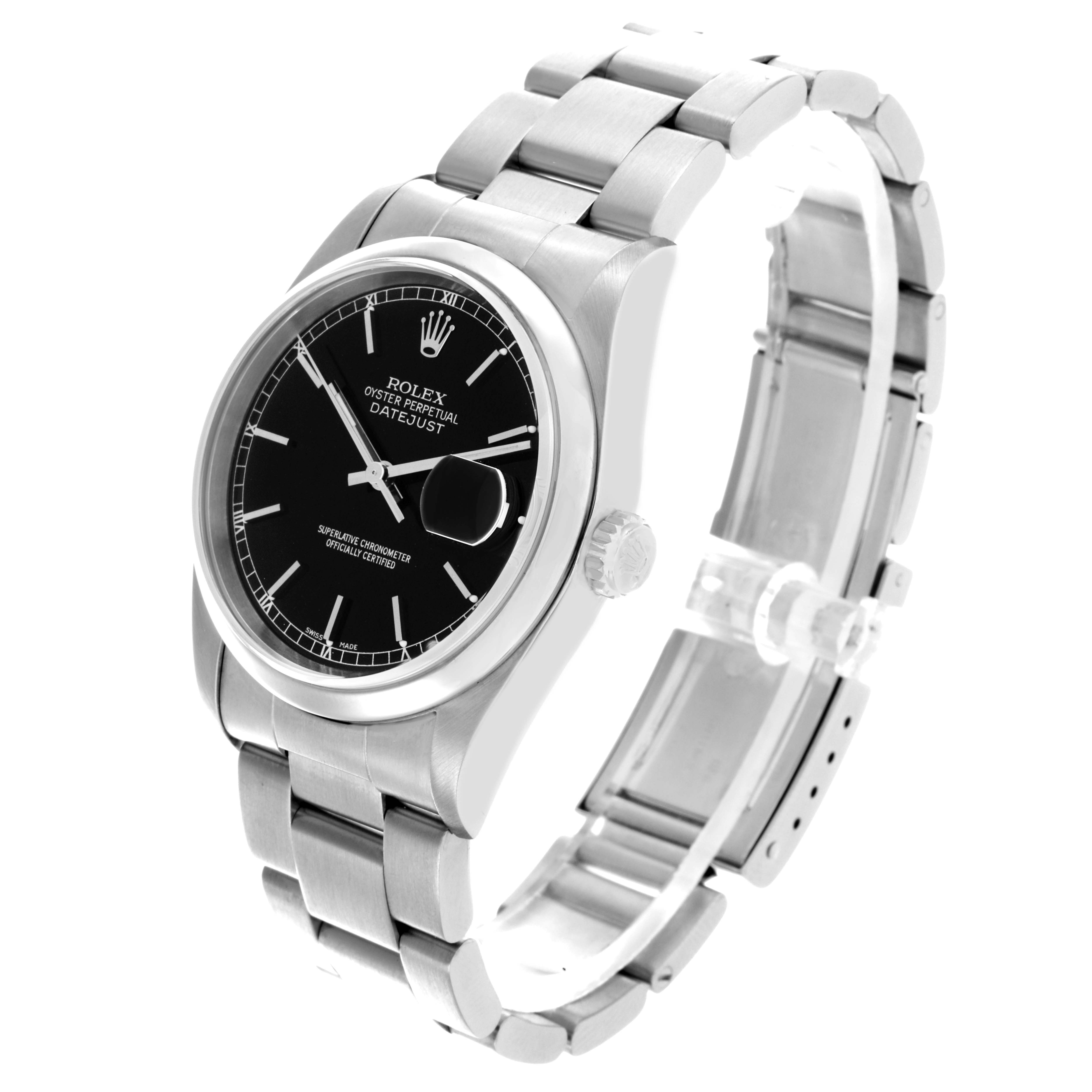 The Rolex Datejust 16200 Men's Stainless Steel Black Dial 16200 Men's Stainless Steel Black Dial watch is shown at a three-quarter angle, displaying the face, bezel, bracelet, and crown.