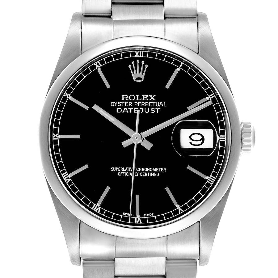 The Rolex Datejust watch is shown from a front angle, highlighting the black dial, date window, and stainless steel bracelet.