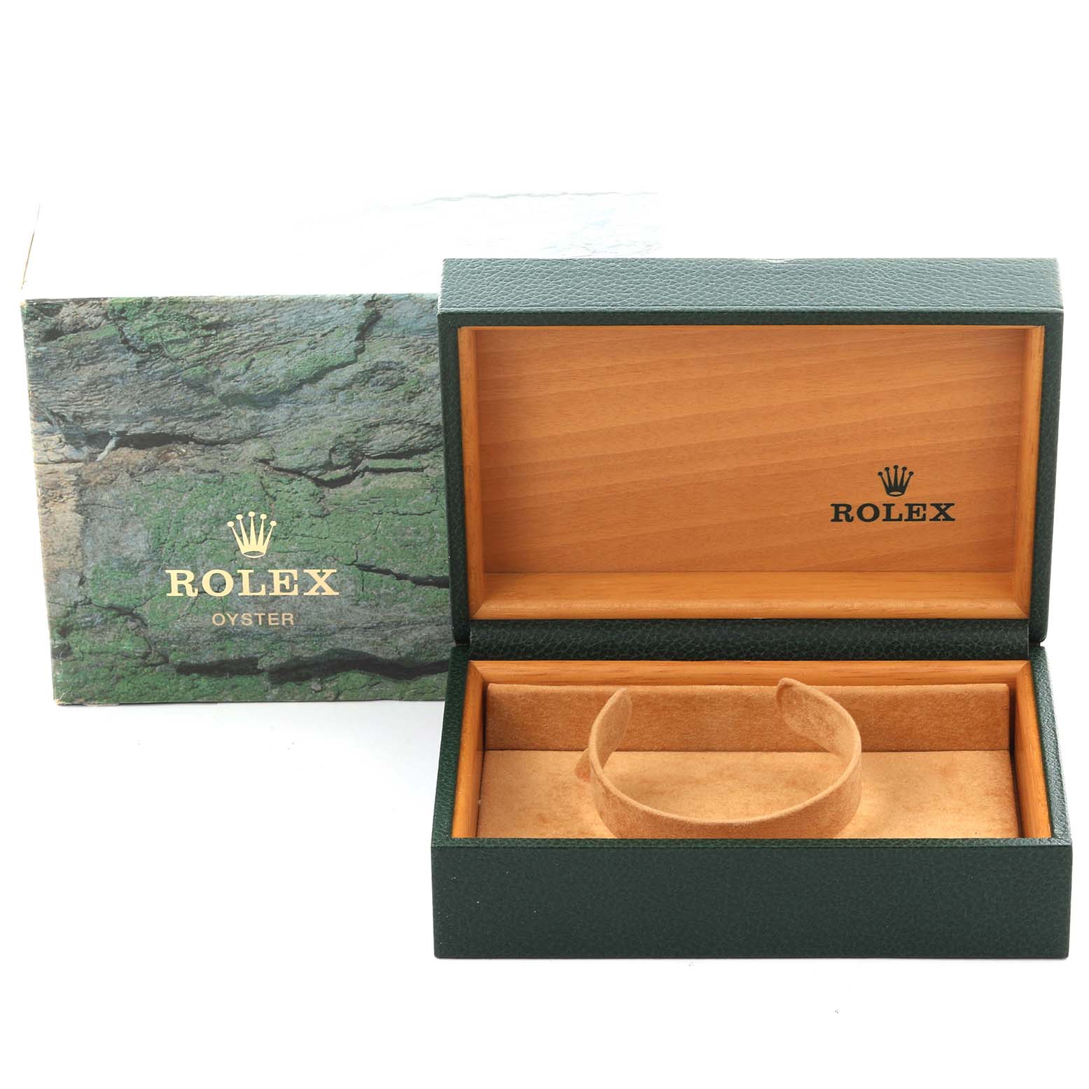 The image shows an open green Rolex box for a Datejust model, displaying its interior and an outer box beside it.