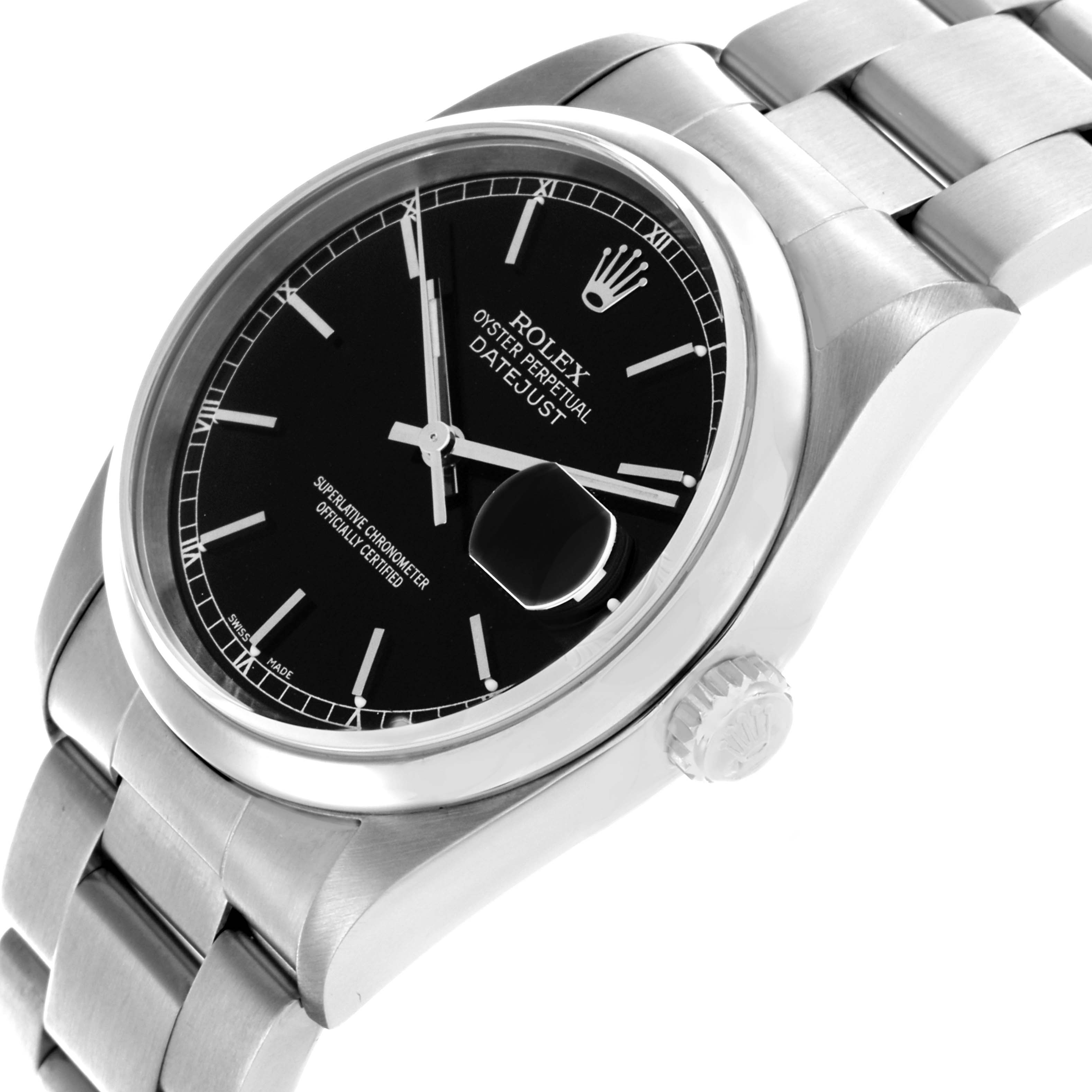 The Rolex Datejust 16200 Men's Stainless Steel Black Dial 16200 Men's Stainless Steel Black Dial watch is shown at an angle highlighting the dial, crown, and part of the bracelet.