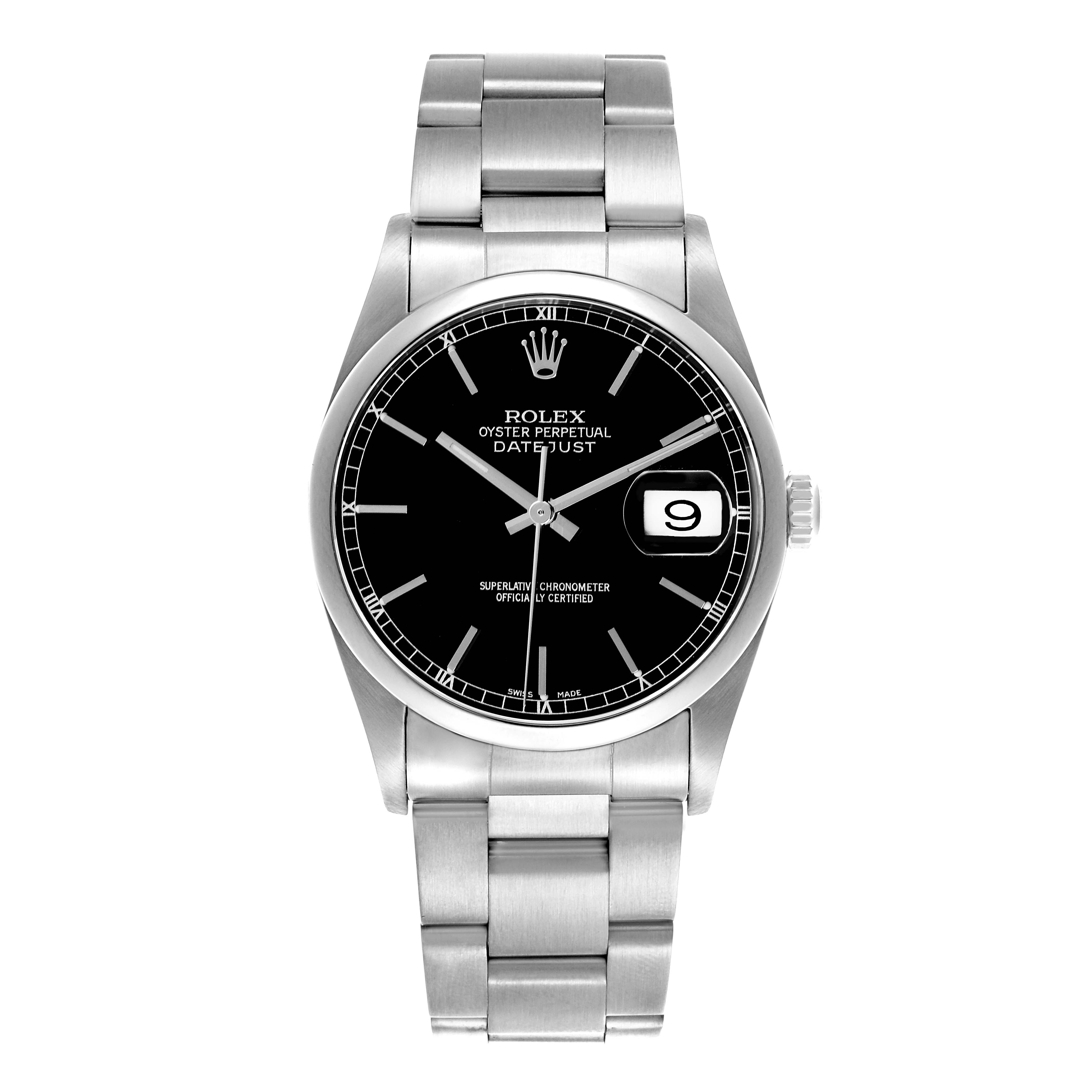 The Rolex Datejust 16200 Men's Stainless Steel Black Dial 16200 Men's Stainless Steel Black Dial watch is shown from a front view, displaying its dial, bracelet, and date magnifier.
