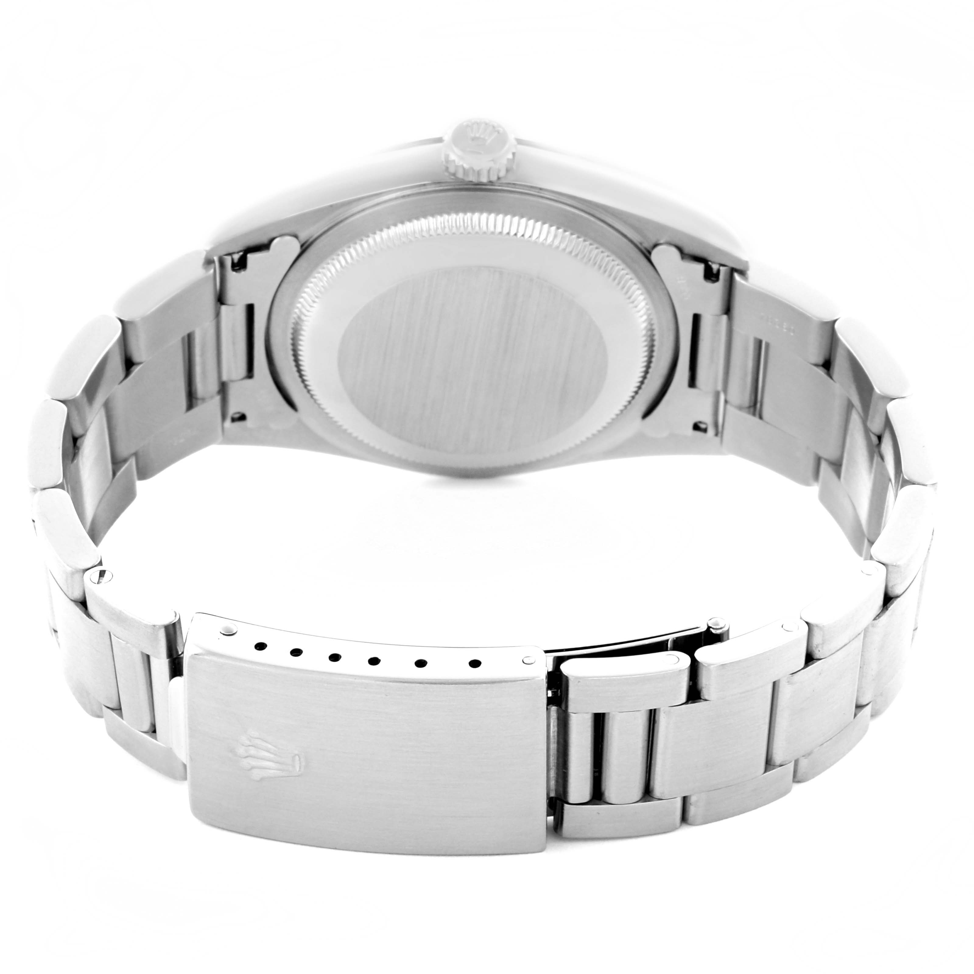 The image shows the back and bracelet of a Rolex Datejust 16200 Men's Stainless Steel Black Dial 16200 Men's Stainless Steel Black Dial, highlighting the clasp and case back.