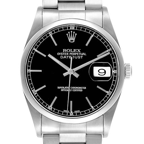 The Rolex Datejust watch is shown from a front angle, displaying the dial, hands, indexes, and date window.