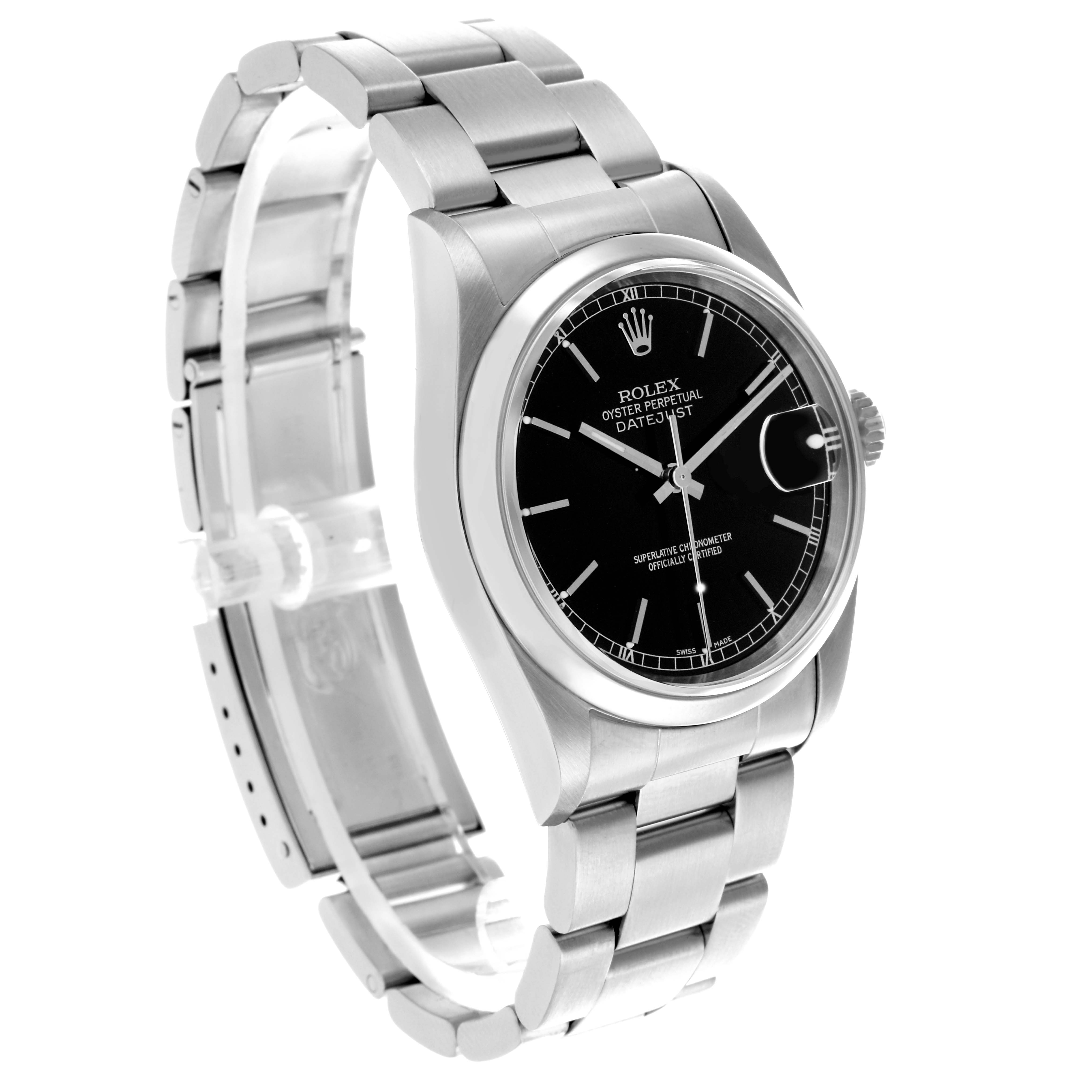 The Rolex Datejust 16200 Men's Stainless Steel Black Dial 16200 Men's Stainless Steel Black Dial watch is shown in a three-quarter angle, highlighting the dial, bracelet, and crown.