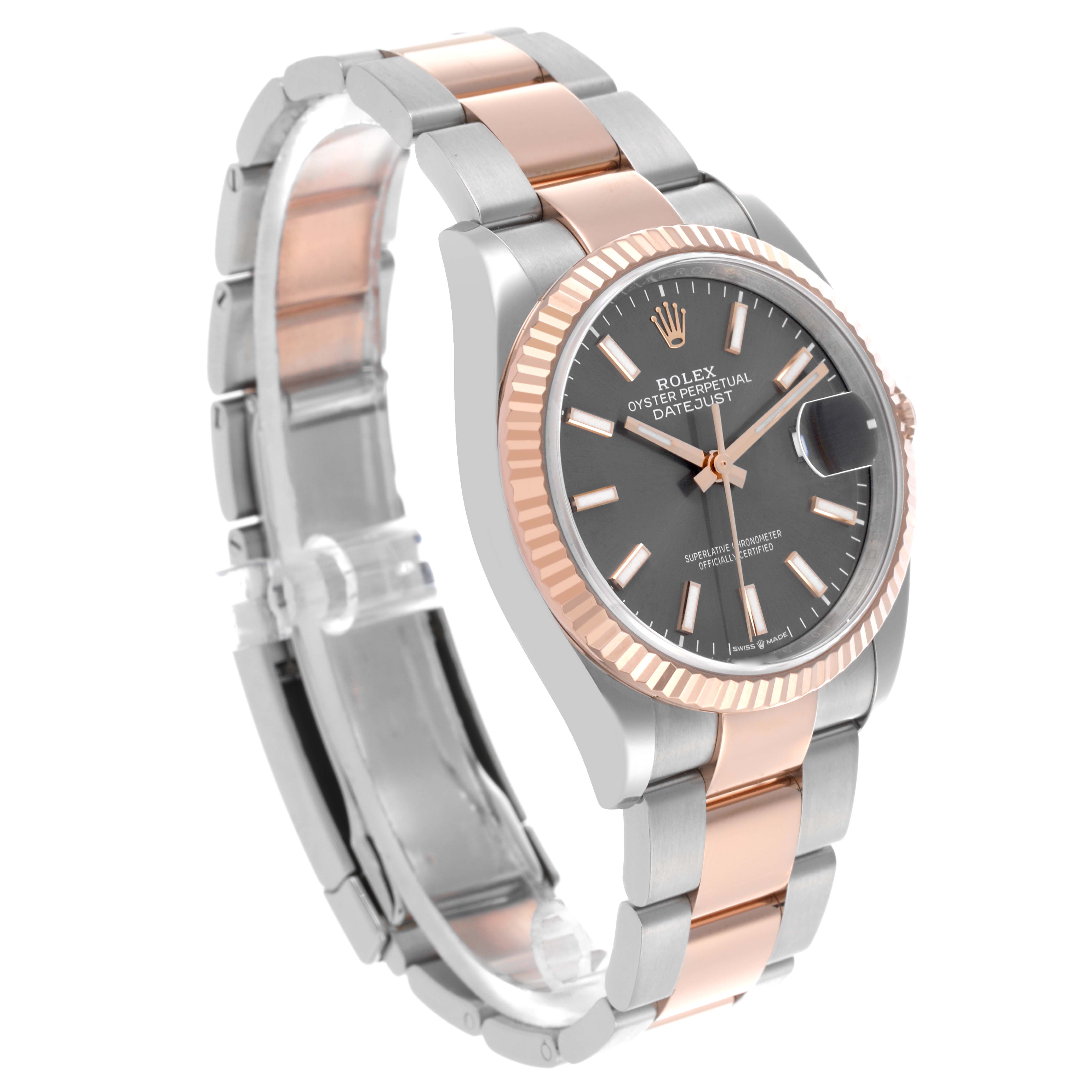 The Rolex Datejust 126231 Men's Steel and Gold (two tone) Grey Dial 126231 Men's Steel and Gold (two tone) Grey Dial watch is shown at a slight angle highlighting the face, bezel, and two-tone bracelet.