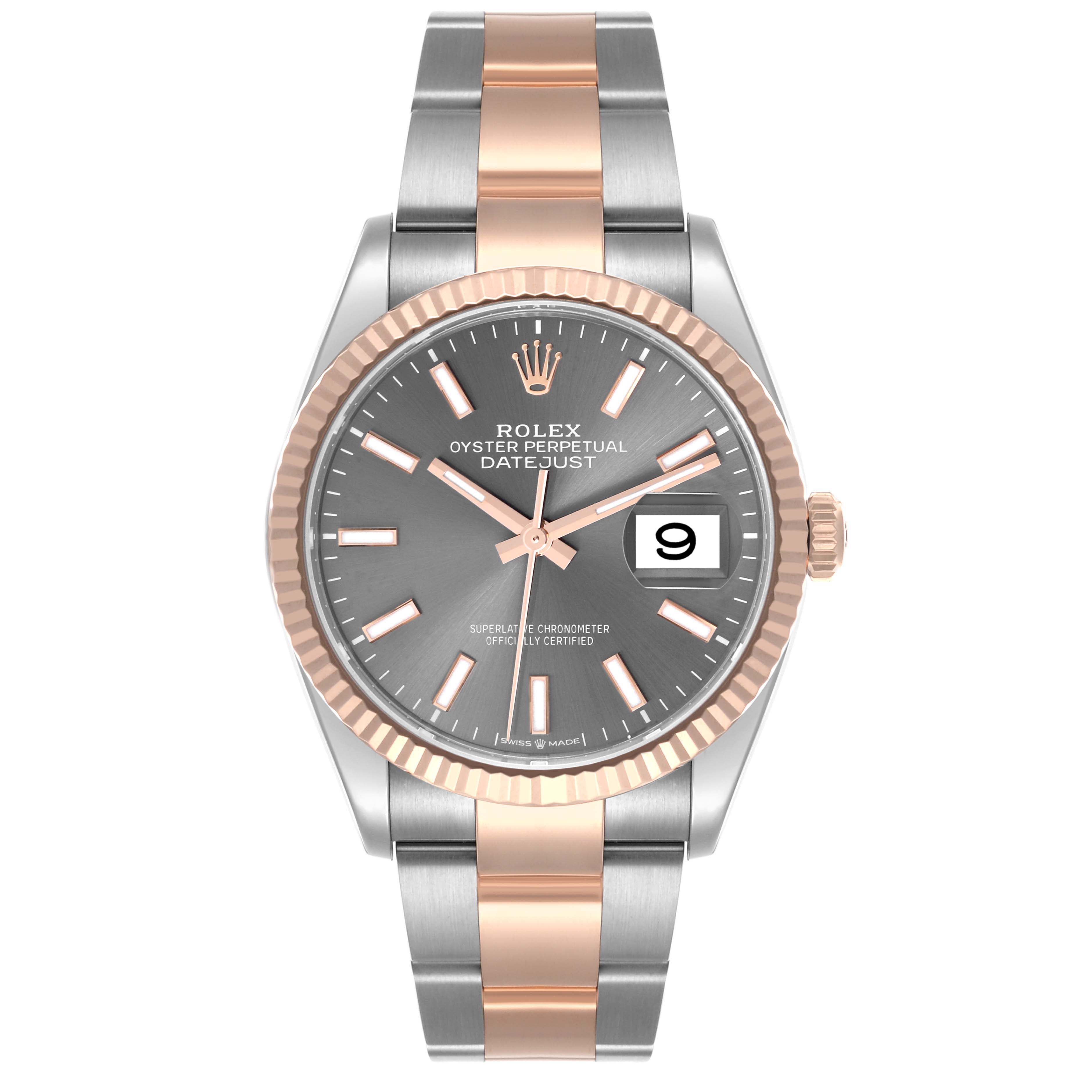 The Rolex Datejust 126231 Men's Steel and Gold (two tone) Grey Dial 126231 Men's Steel and Gold (two tone) Grey Dial watch is shown from a front angle, highlighting its dial, bezel, and two-tone bracelet.