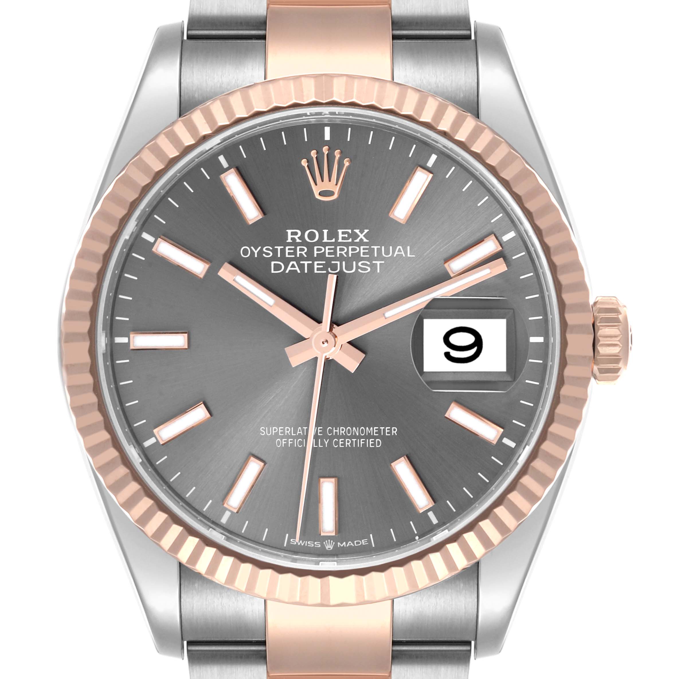 The Rolex Datejust 126231 Men's Steel and Gold (two tone) Grey Dial 126231 Men's Steel and Gold (two tone) Grey Dial watch is shown from the front, highlighting the dial, bezel, and part of the bracelet.