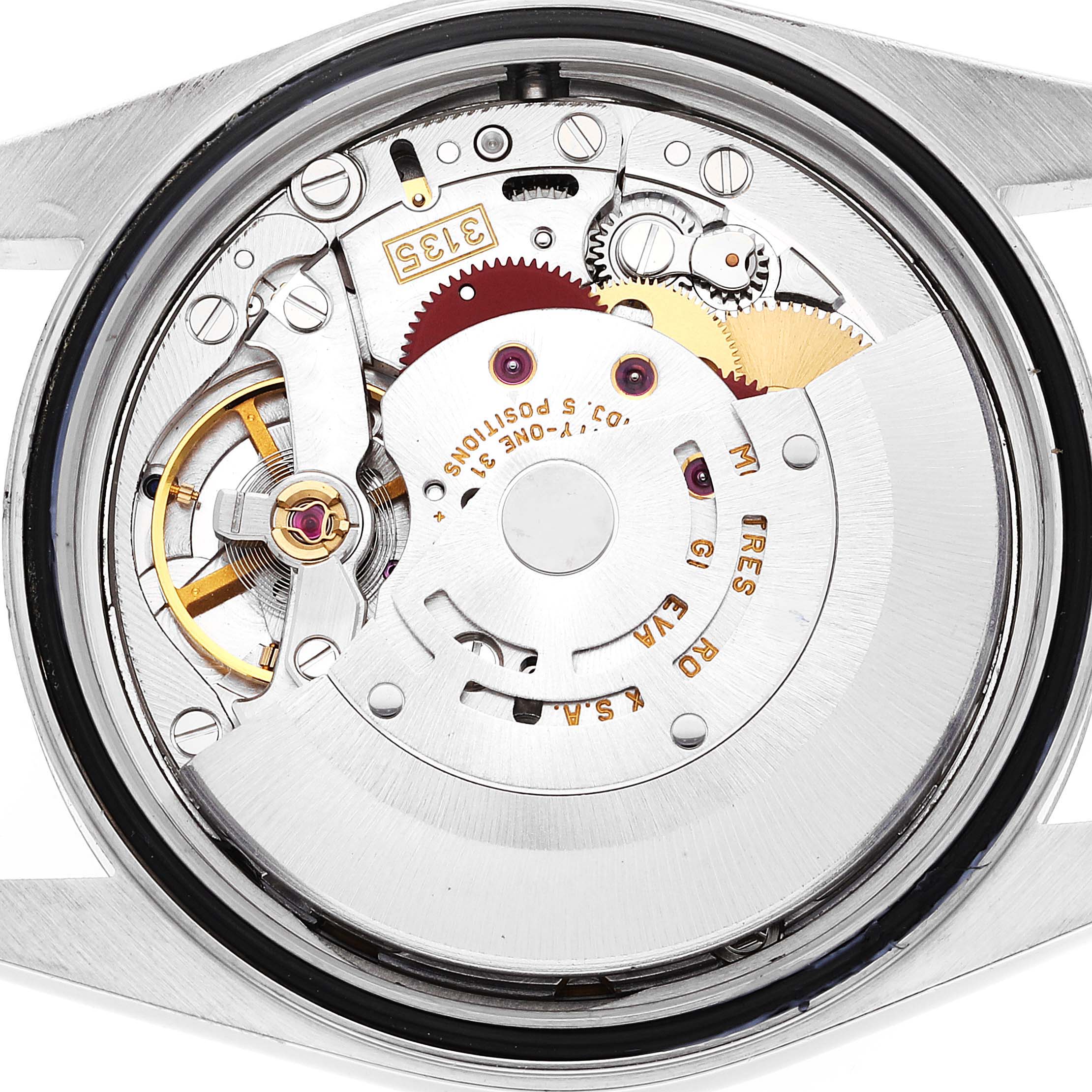 This image shows the intricate inner workings and movement mechanism of a Rolex Datejust 16234 Men's Stainless Steel Blue Dial 16234 Men's Stainless Steel Blue Dial watch from a back view.