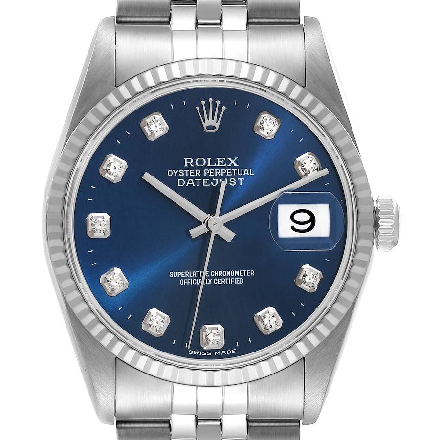 Rolex Datejust 36 Steel White Gold Blue Diamond Dial Mens Watch 16234 SwissWatchExpo
