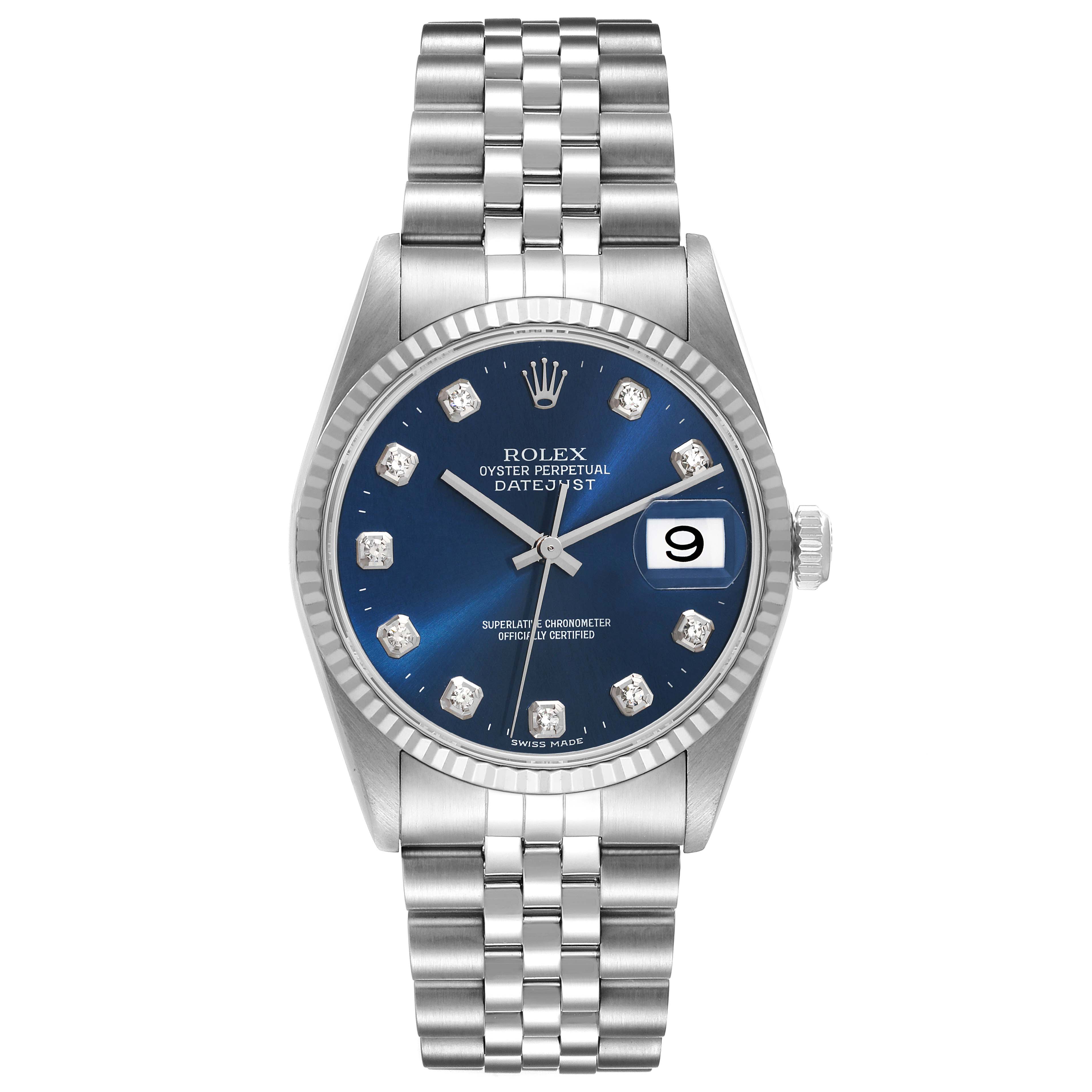 The Rolex Datejust 16234 Men's Stainless Steel Blue Dial 16234 Men's Stainless Steel Blue Dial watch is shown from a front angle, displaying the face, bezel, crown, and bracelet.