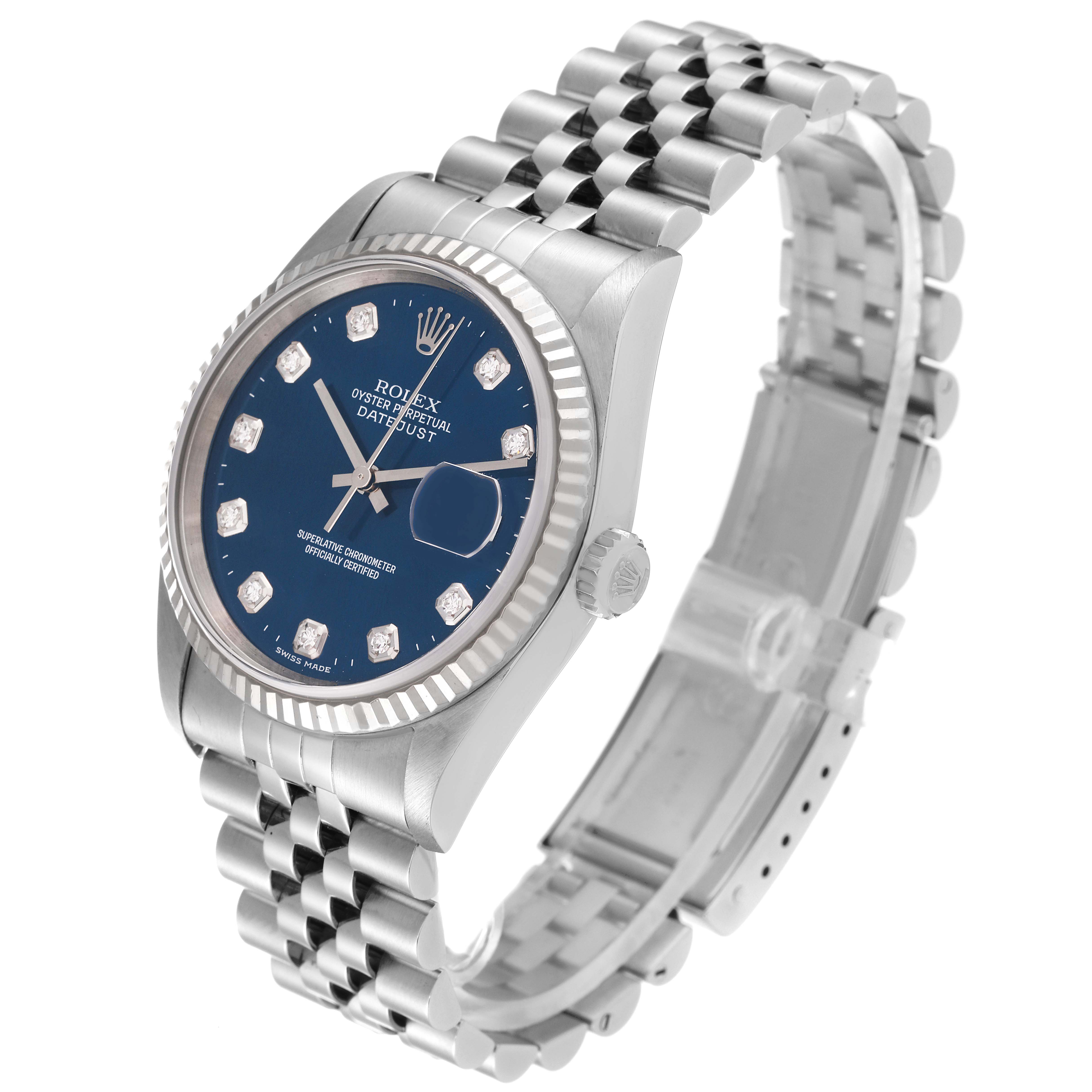 The Rolex Datejust 16234 Men's Stainless Steel Blue Dial 16234 Men's Stainless Steel Blue Dial watch is shown at a three-quarter angle highlighting the face, bezel, crown, and Jubilee bracelet.