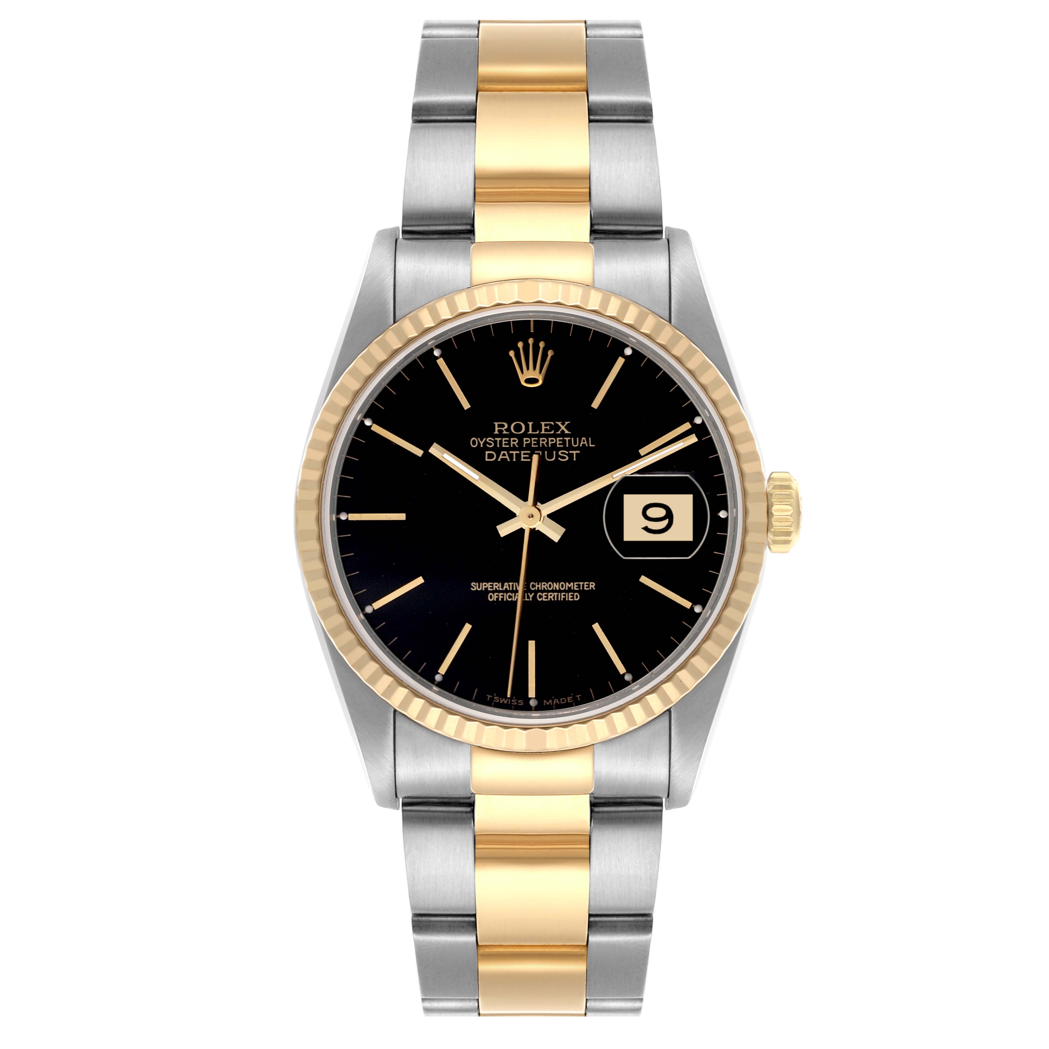 The Rolex Datejust 16233 Men's Steel and Gold (two tone) Black Dial 16233 Men's Steel and Gold (two tone) Black Dial watch is shown from a top view, featuring a gold and silver bracelet, black dial, and date window.