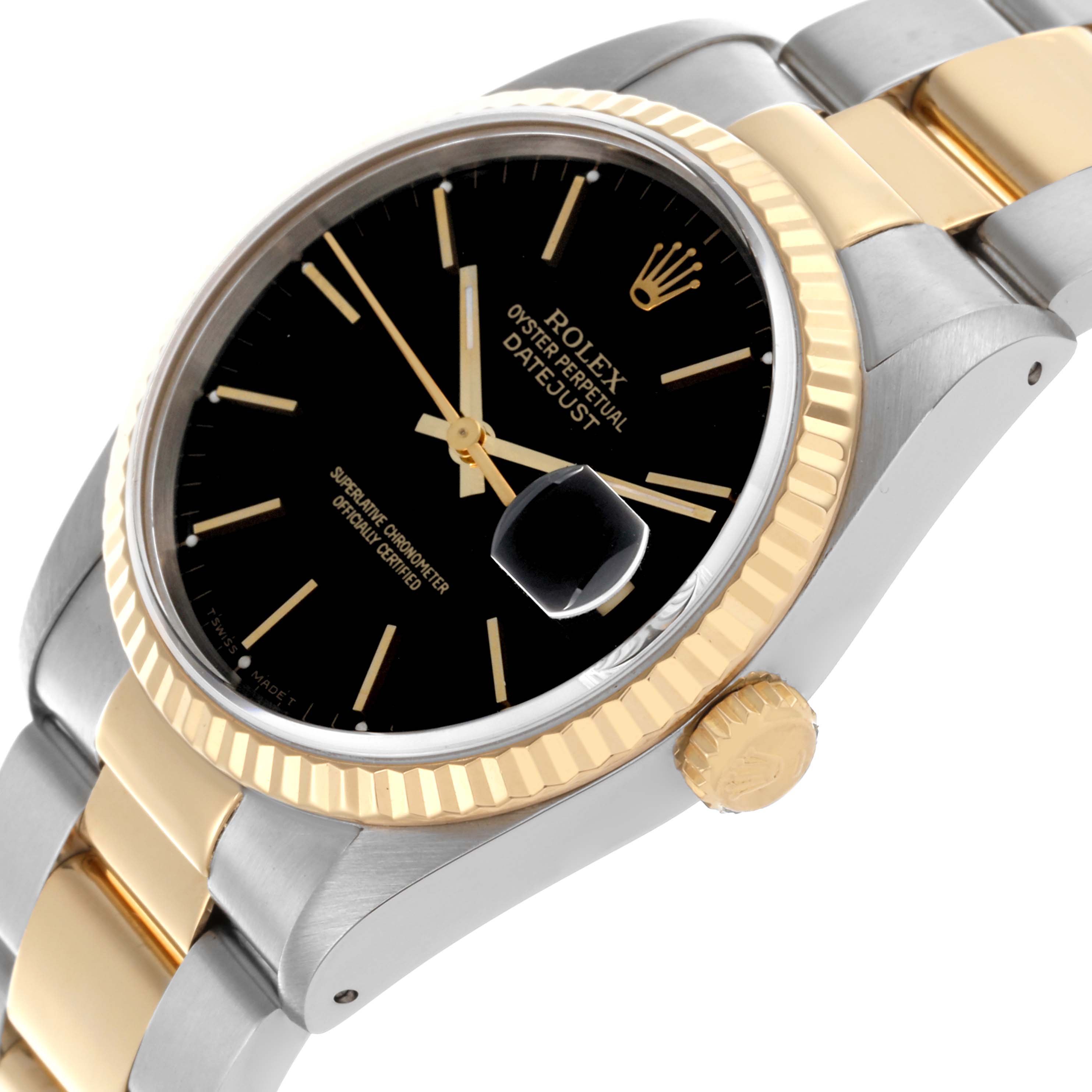The Rolex Datejust 16233 Men's Steel and Gold (two tone) Black Dial 16233 Men's Steel and Gold (two tone) Black Dial watch is shown at a tilted side angle, highlighting the case, bezel, bracelet, and crown.