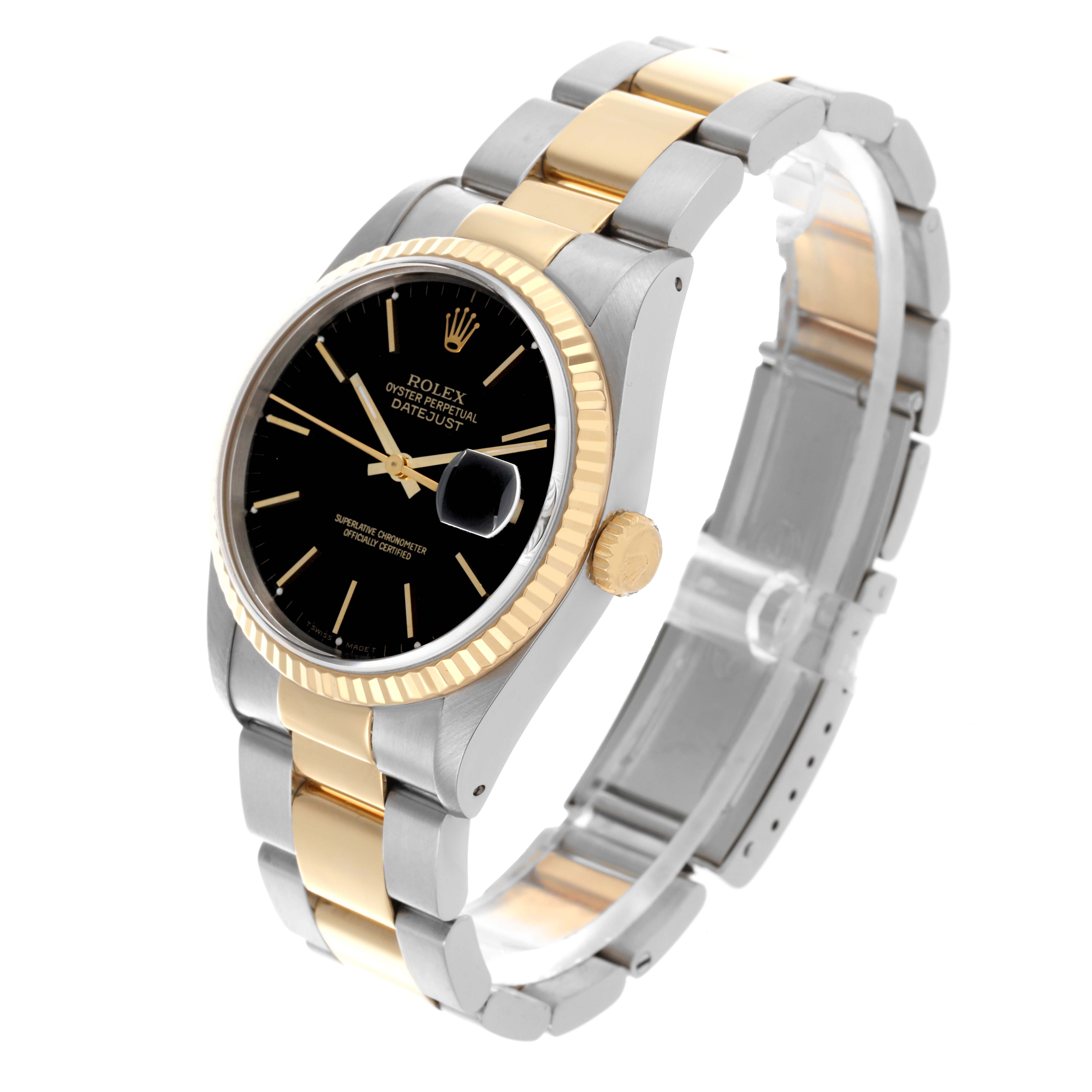 The Rolex Datejust 16233 Men's Steel and Gold (two tone) Black Dial 16233 Men's Steel and Gold (two tone) Black Dial watch is shown at an angle displaying the dial, bezel, crown, and bracelet.