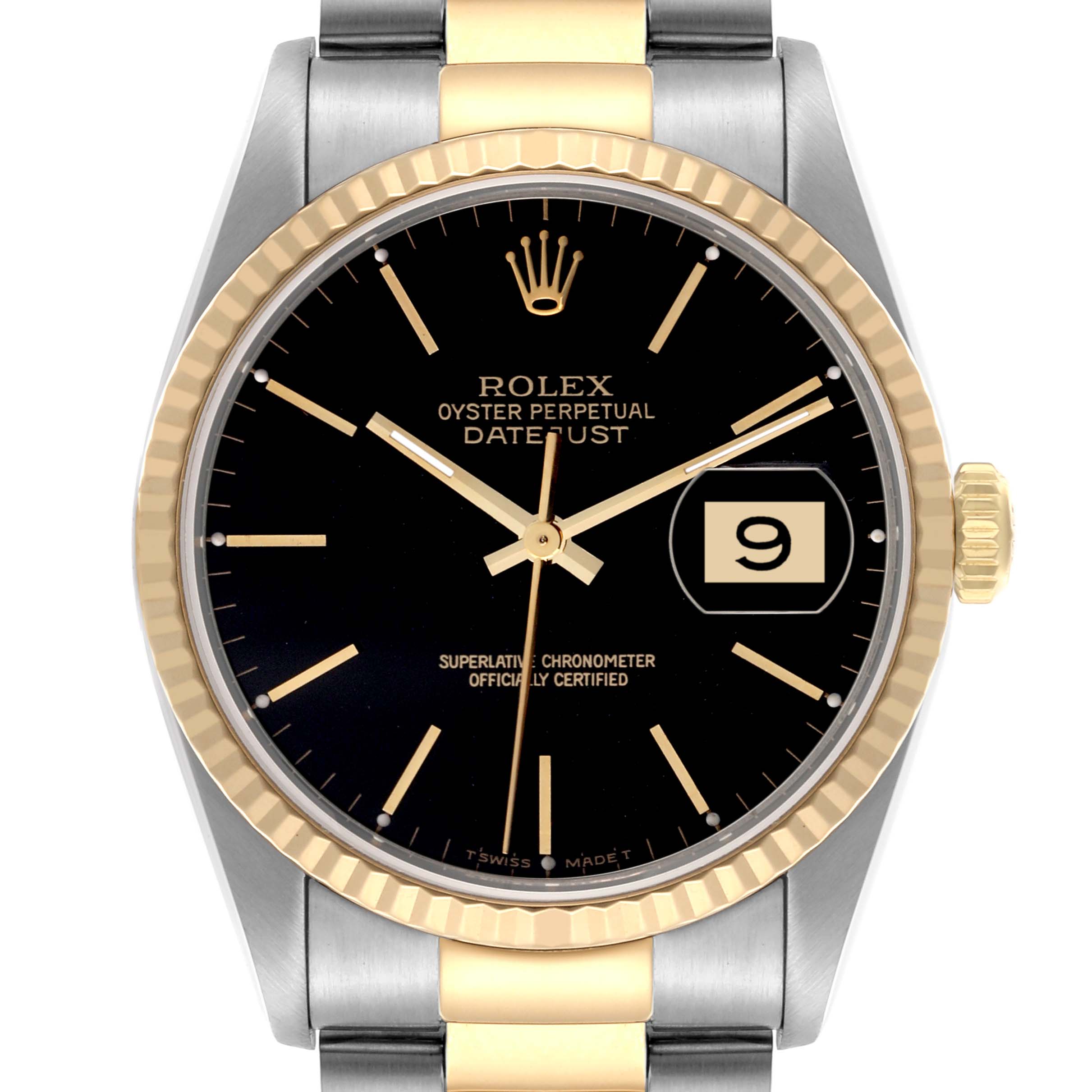 The image shows a front view of a Rolex Datejust 16233 Men's Steel and Gold (two tone) Black Dial 16233 Men's Steel and Gold (two tone) Black Dial watch, displaying its face, bezel, hands, crown, and part of the bracelet.