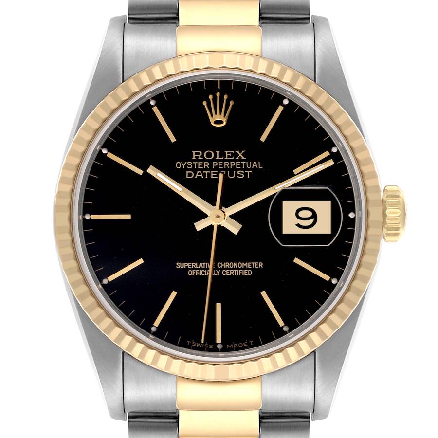 The image shows a front view of a Rolex Datejust watch, displaying its face, bezel, hands, crown, and part of the bracelet.