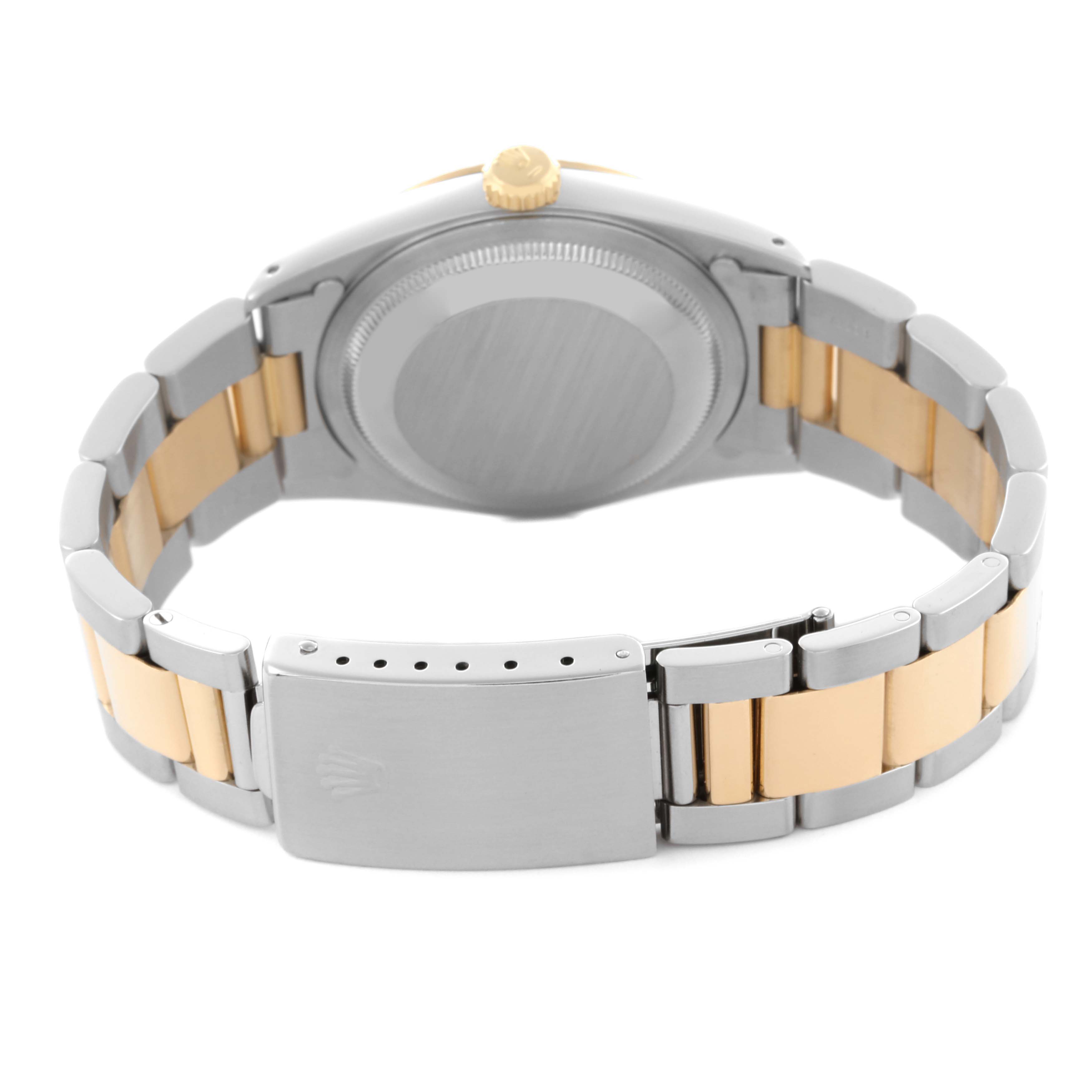 The image shows the back and clasp of a Rolex Datejust 16233 Men's Steel and Gold (two tone) Black Dial 16233 Men's Steel and Gold (two tone) Black Dial, highlighting the two-tone bracelet and case back.