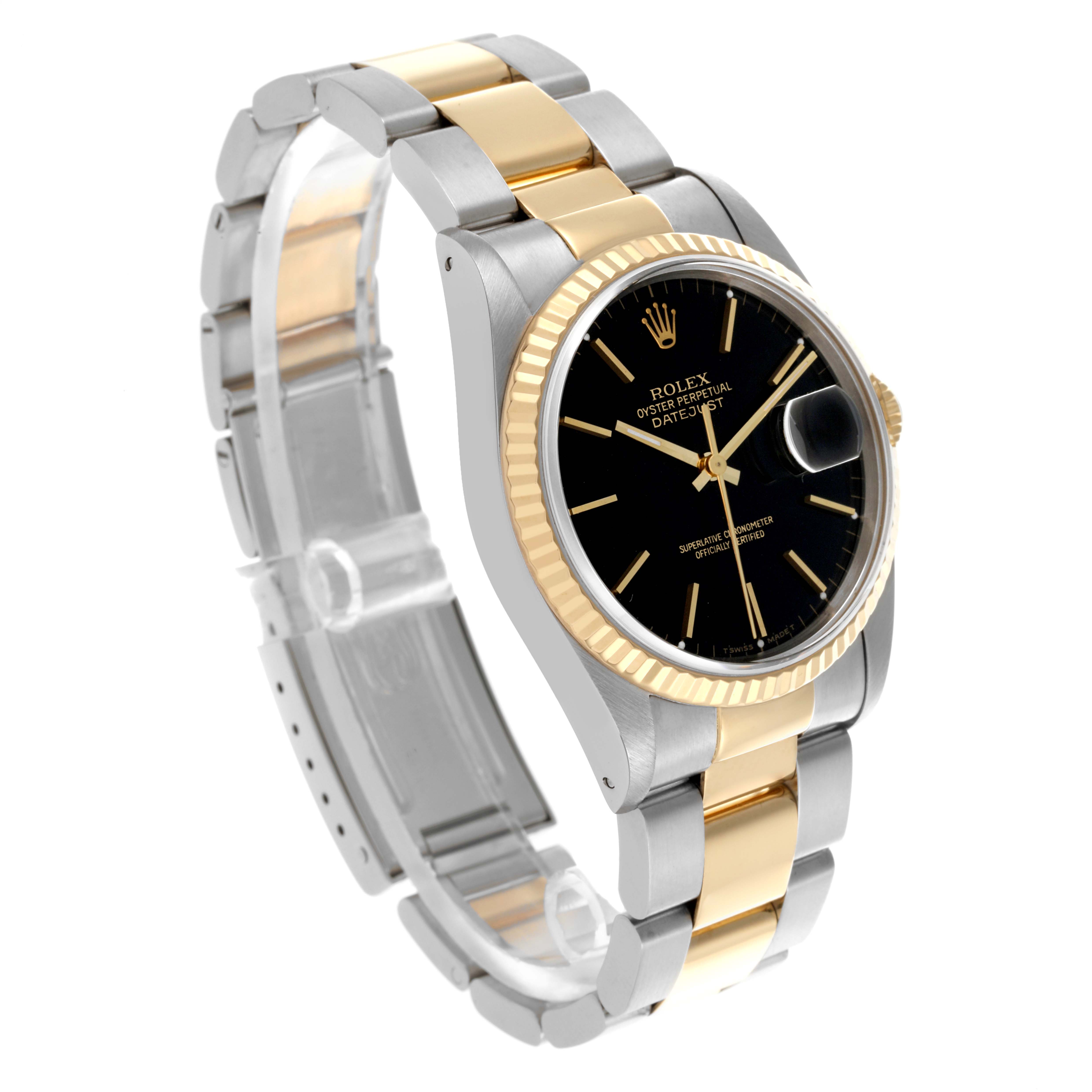 The Rolex Datejust 16233 Men's Steel and Gold (two tone) Black Dial 16233 Men's Steel and Gold (two tone) Black Dial watch is shown at a three-quarter angle, displaying its black dial, fluted bezel, and two-tone bracelet.