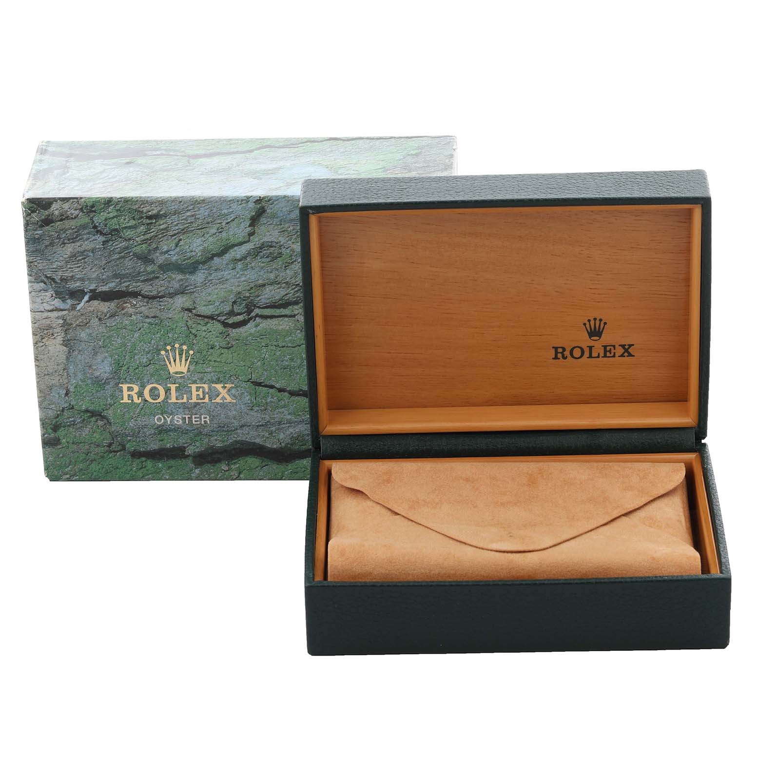 The image shows a Rolex Datejust 16233 Men's Steel and Gold (two tone) Black Dial 16233 Men's Steel and Gold (two tone) Black Dial watch box with an outer textured box and an inner wooden box with a suede pouch.