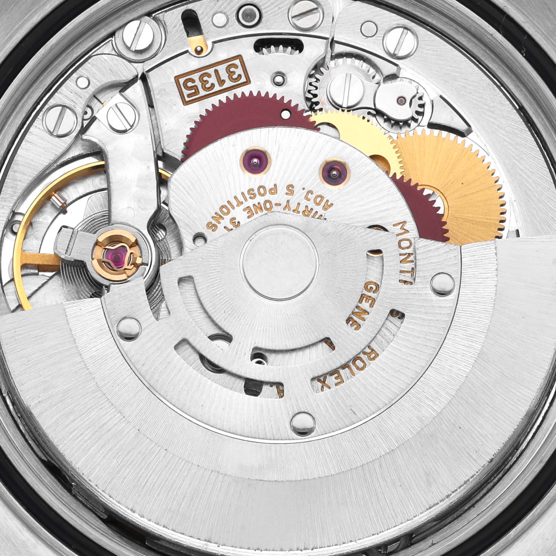 The image shows the movement mechanism of a Rolex Datejust 16233 Men's Steel and Gold (two tone) Blue Dial 16233 Men's Steel and Gold (two tone) Blue Dial, highlighting gears and rotor from a top-down angle.