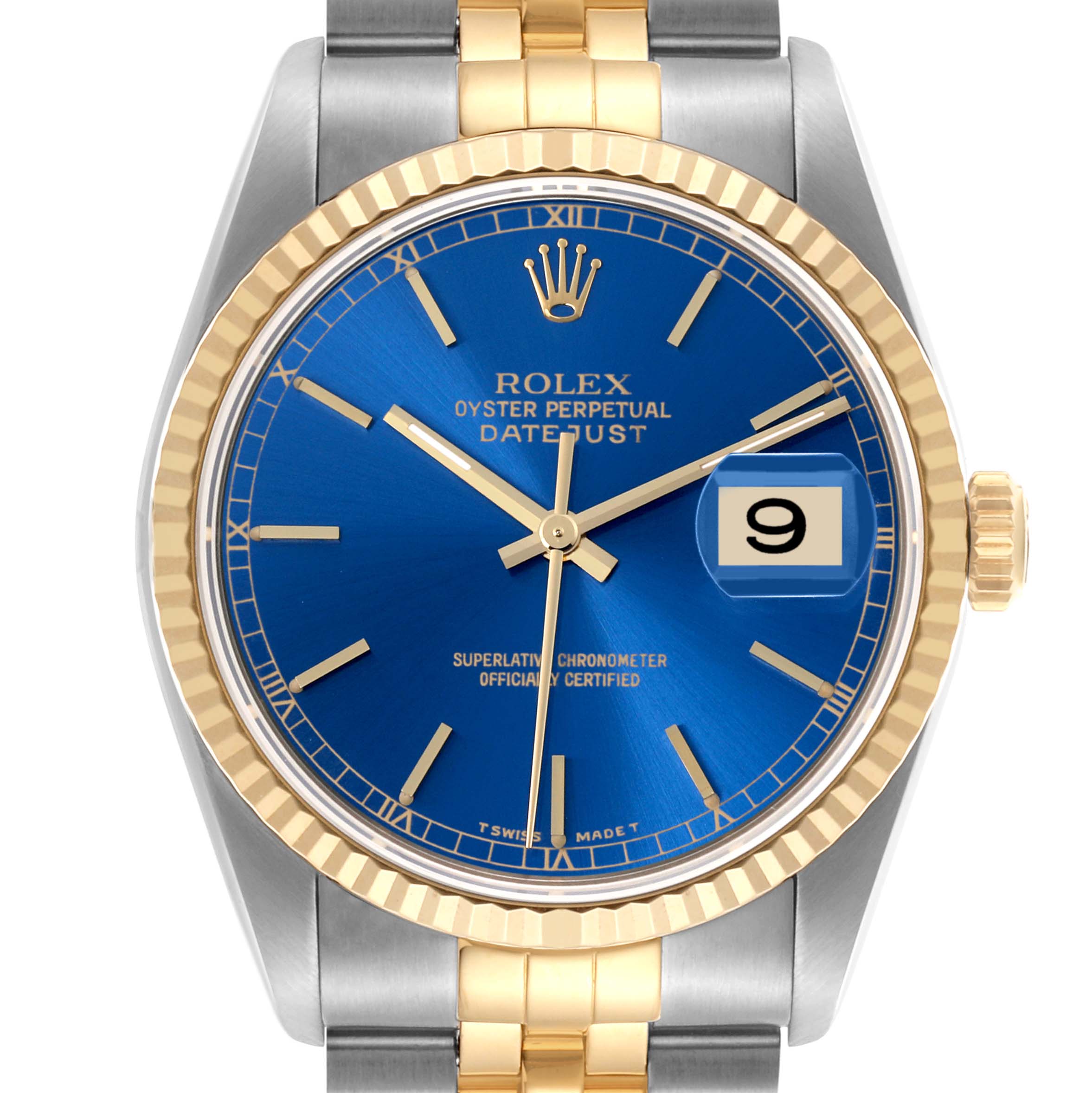 The Rolex Datejust 16233 Men's Steel and Gold (two tone) Blue Dial 16233 Men's Steel and Gold (two tone) Blue Dial watch is shown from a front angle, highlighting the blue dial, gold bezel, and two-tone bracelet.