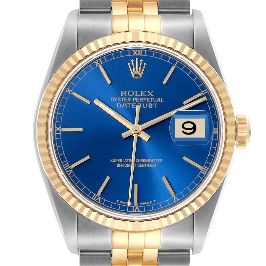 The Rolex Datejust watch is shown from a front angle, highlighting the blue dial, gold bezel, and two-tone bracelet.