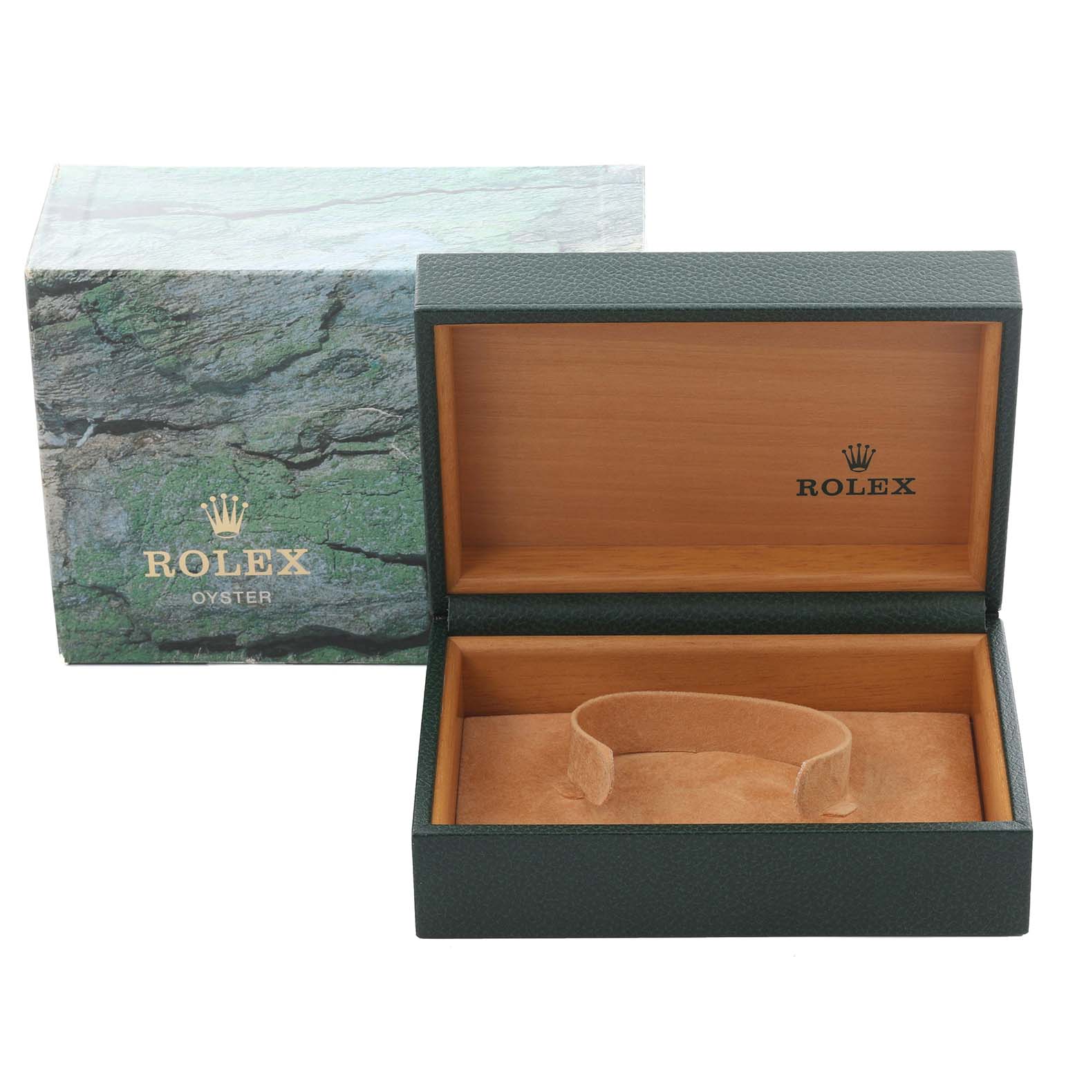 The image shows a Rolex Datejust 16233 Men's Steel and Gold (two tone) Blue Dial 16233 Men's Steel and Gold (two tone) Blue Dial watch box at an angle, displaying the exterior packaging and interior cradle for the watch.