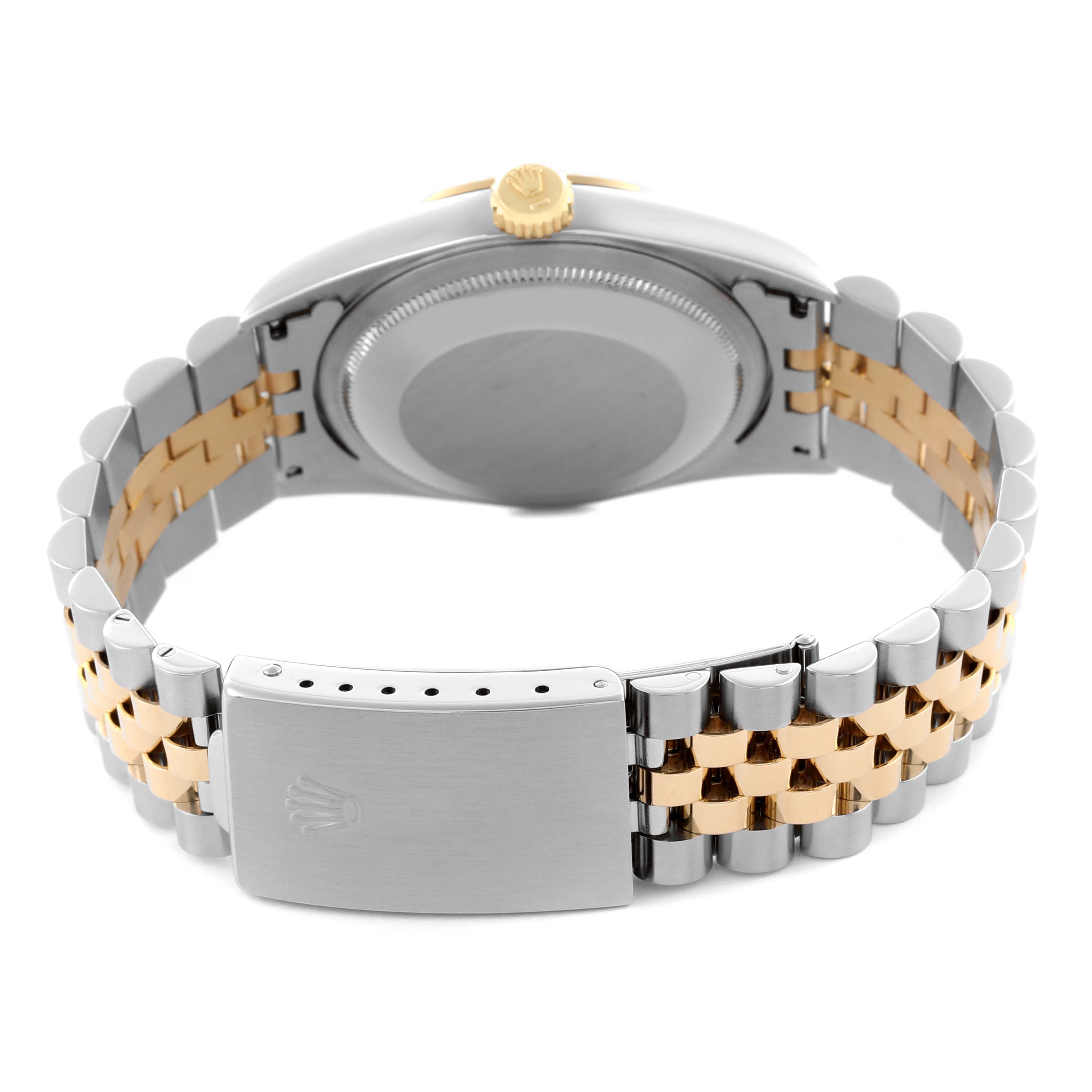 The image shows the backside of a Rolex Datejust 16233 Men's Steel and Gold (two tone) Blue Dial 16233 Men's Steel and Gold (two tone) Blue Dial, highlighting the clasp, bracelet, case back, and crown.