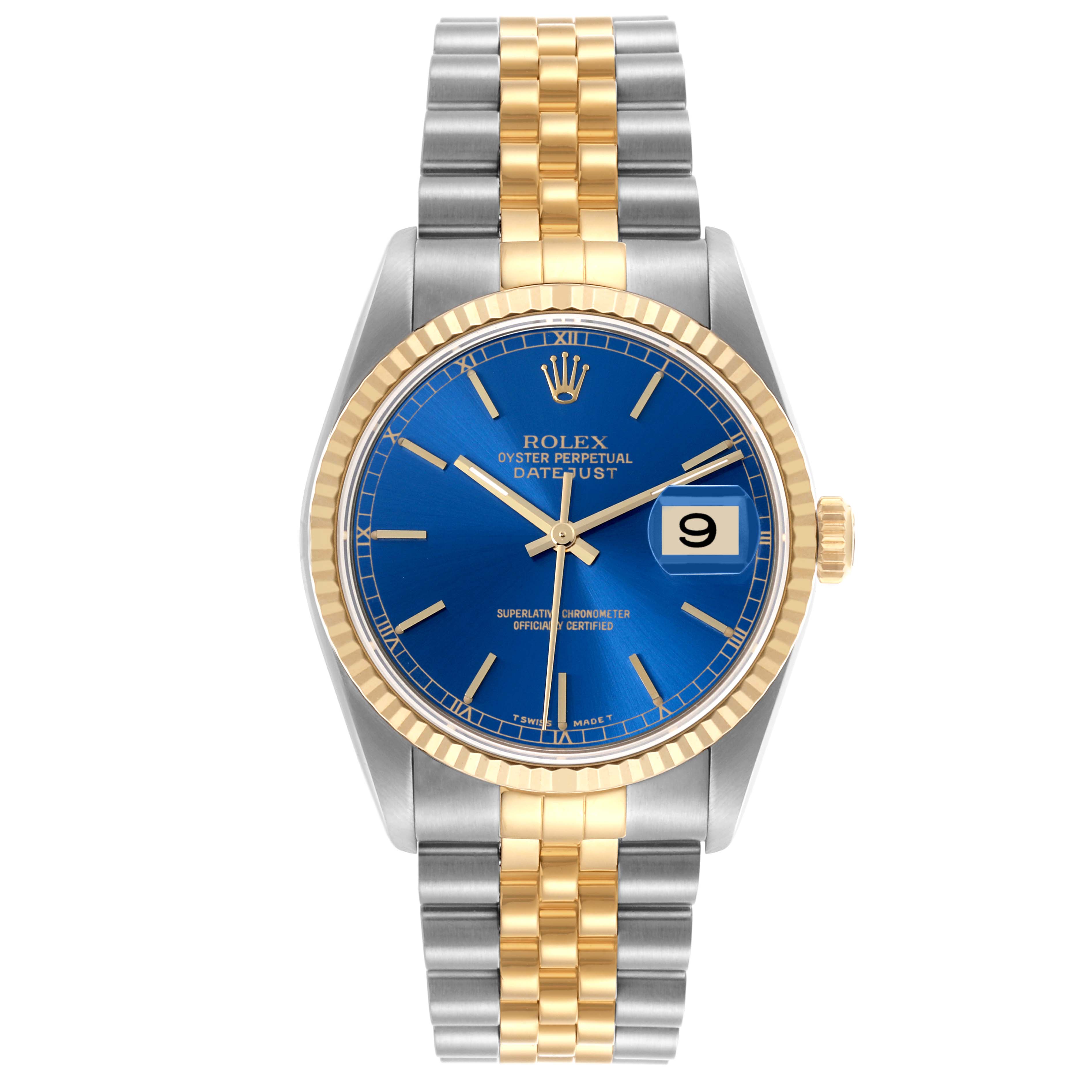 The Rolex Datejust 16233 Men's Steel and Gold (two tone) Blue Dial 16233 Men's Steel and Gold (two tone) Blue Dial watch is shown from a front angle, displaying the blue dial, gold bezel, and two-tone bracelet.