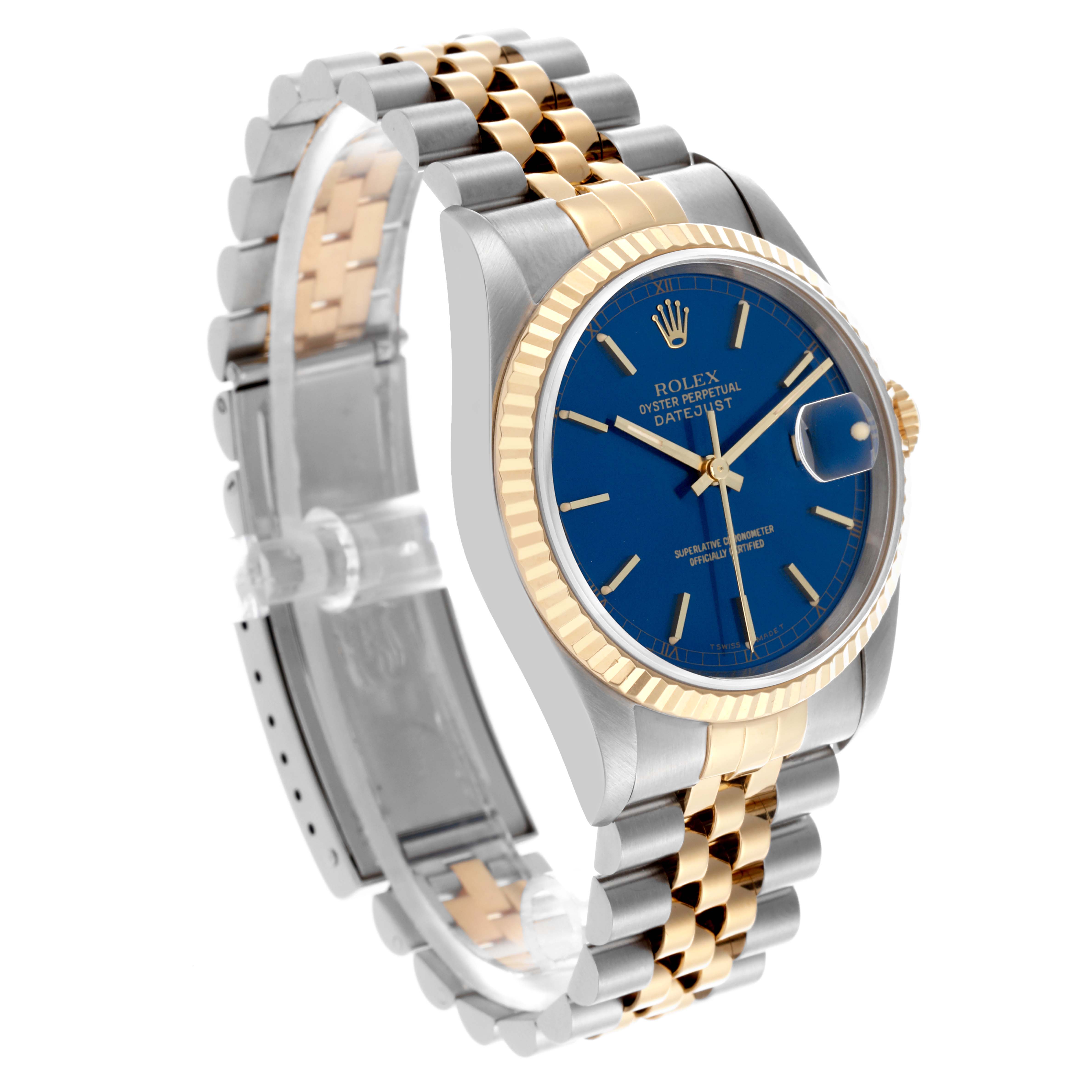 The Rolex Datejust 16233 Men's Steel and Gold (two tone) Blue Dial 16233 Men's Steel and Gold (two tone) Blue Dial watch is shown at a three-quarter angle, displaying its blue dial, gold bezel, and two-tone Jubilee bracelet.