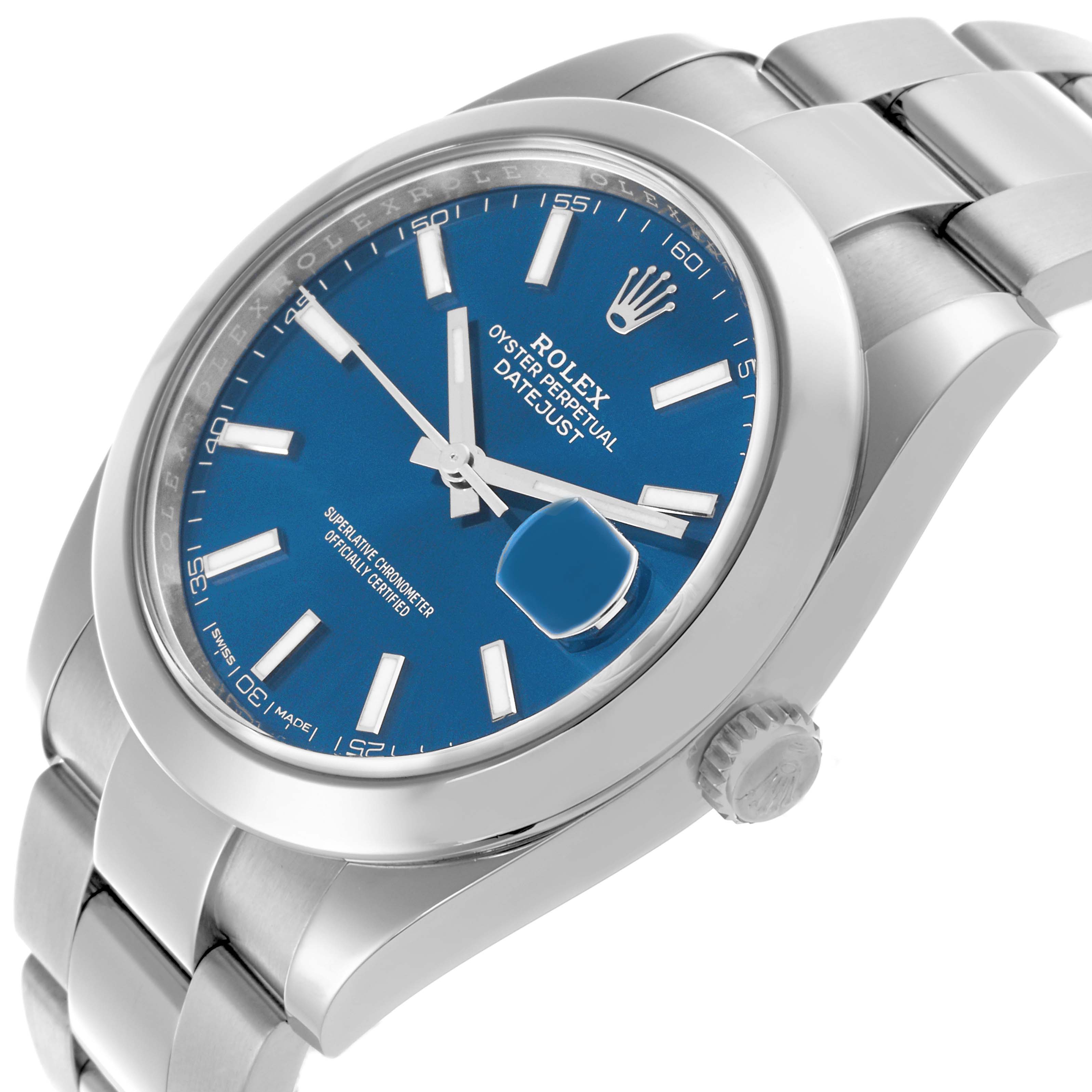 The image shows the Rolex Datejust 41 126300 Men's Stainless Steel Blue Dial 126300 Men's Stainless Steel Blue Dial at an angled side view, highlighting the dial, crown, and part of the bracelet.