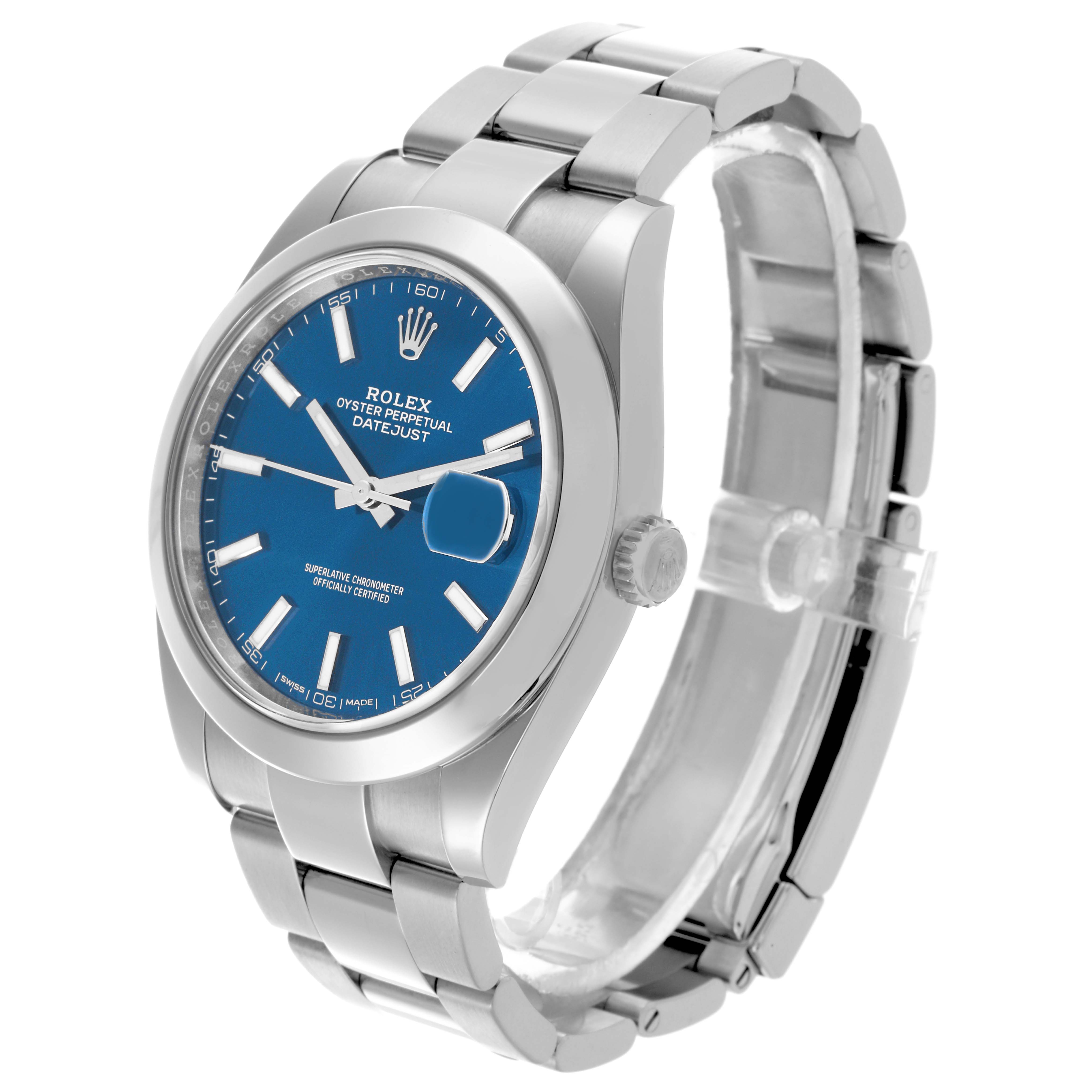 The Rolex Datejust 41 126300 Men's Stainless Steel Blue Dial 126300 Men's Stainless Steel Blue Dial watch is shown at a three-quarter angle, highlighting the blue dial, bezel, case, and bracelet.